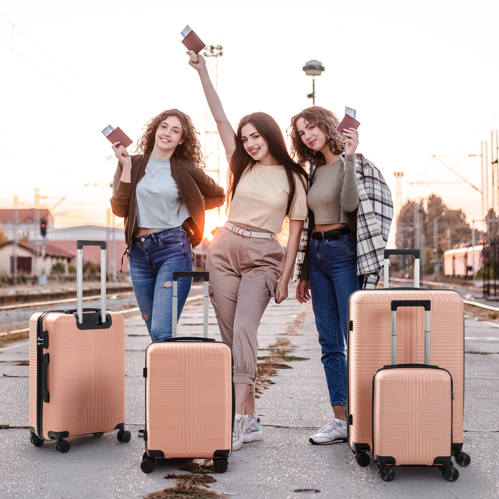 Non-TSA customs lock four-in-one PP trolley suitcase, available in 16in, 20in, 24in, and 28in sizes, in pink view 12