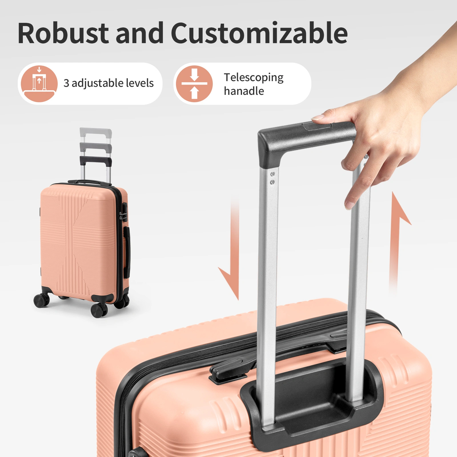 Non-TSA customs lock four-in-one PP trolley suitcase, available in 16in, 20in, 24in, and 28in sizes, in pink view 23