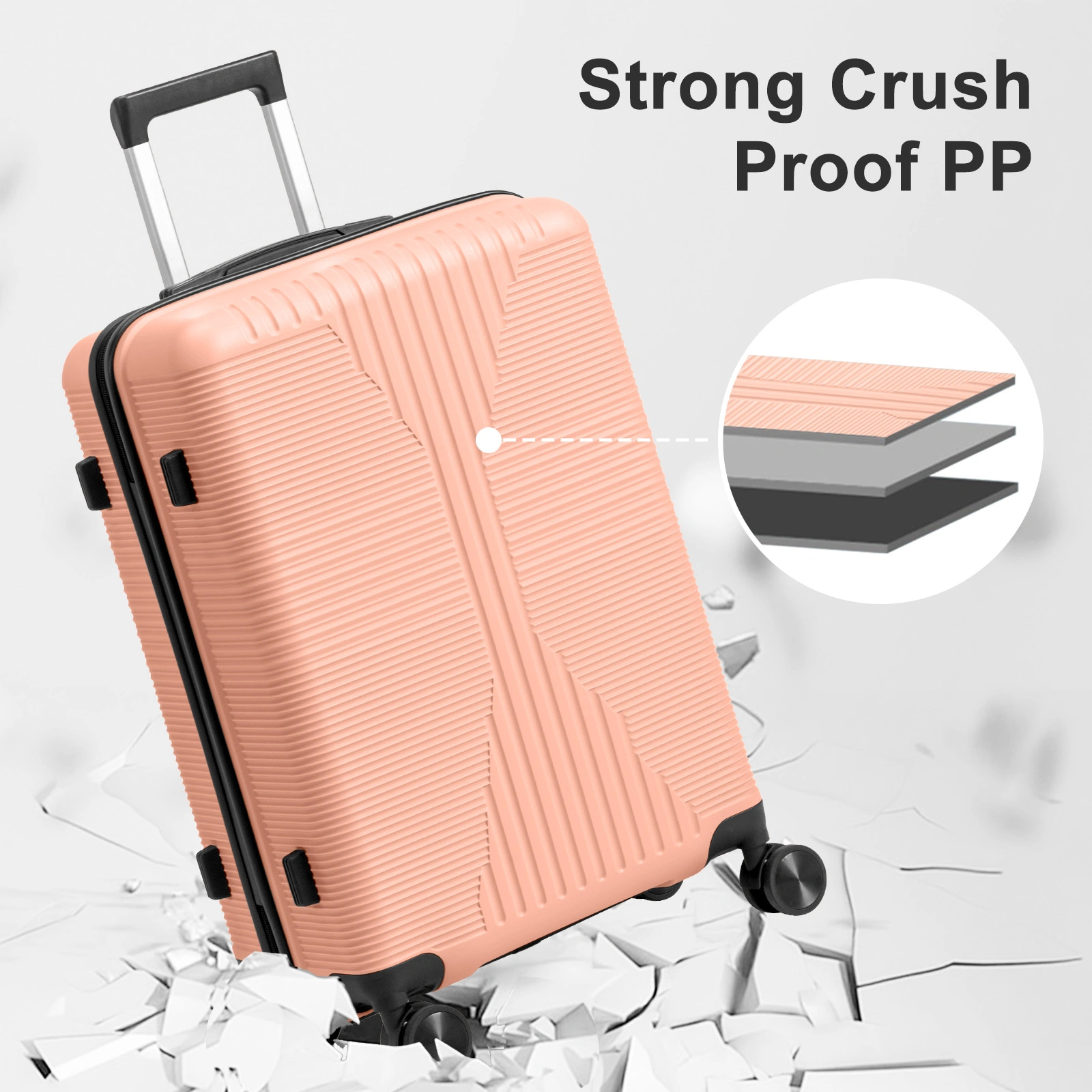 Non-TSA customs lock four-in-one PP trolley suitcase, available in 16in, 20in, 24in, and 28in sizes, in pink view 25