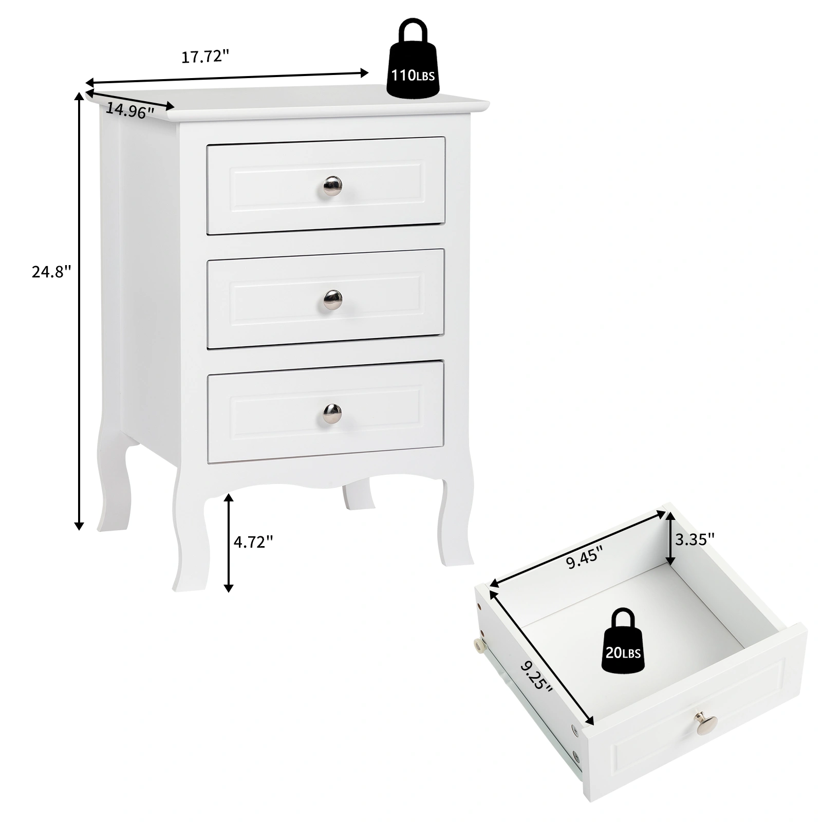 45x38x63cm Country Style 3-Drawer Nightstand Table Large White Wooden Bedside Cabinet view 2