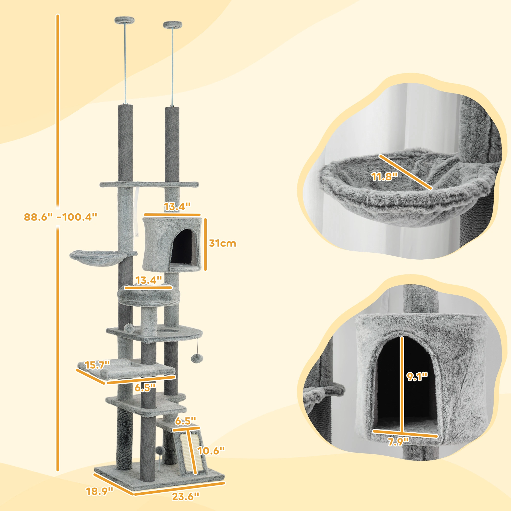 Large Cat Tree with Sisal Pole, Cozy Condo & Hammock for Cats & Kittens view 2