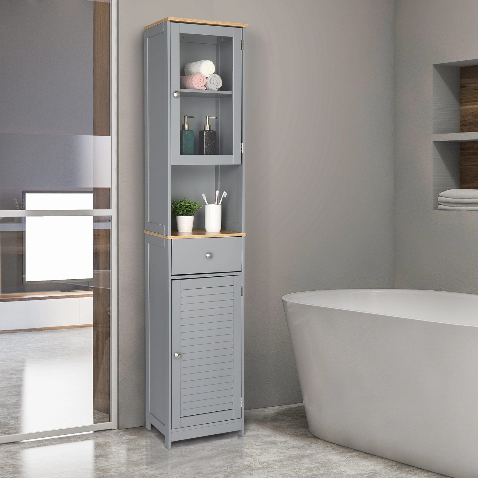 Gray MDF Bathroom Cabinet, 1-Drawer 2-Door Wall-Mount Storage Cupboard, Spray-Painted Finish Moisture-Resistant Vanity Organizer view 2