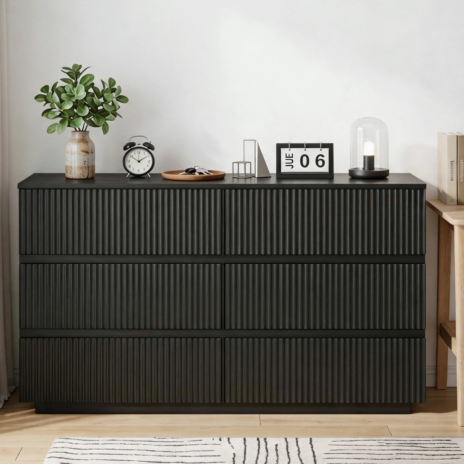 Handleless 6-Drawer Dresser Grille Finish P2 Particleboard MDF Melamine Veneer Vacuum-Formed Bedside Table 55.12x15.75x27.95in Black