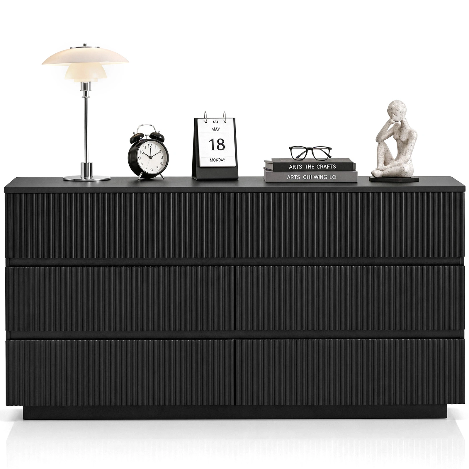 Handleless 6-Drawer Dresser Grille Finish P2 Particleboard MDF Melamine Veneer Vacuum-Formed Bedside Table 55.12x15.75x27.95in Black view 2