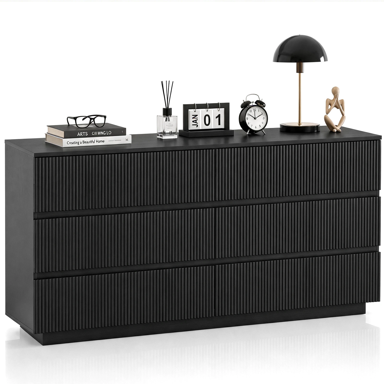 Handleless 6-Drawer Dresser Grille Finish P2 Particleboard MDF Melamine Veneer Vacuum-Formed Bedside Table 55.12x15.75x27.95in Black view 3