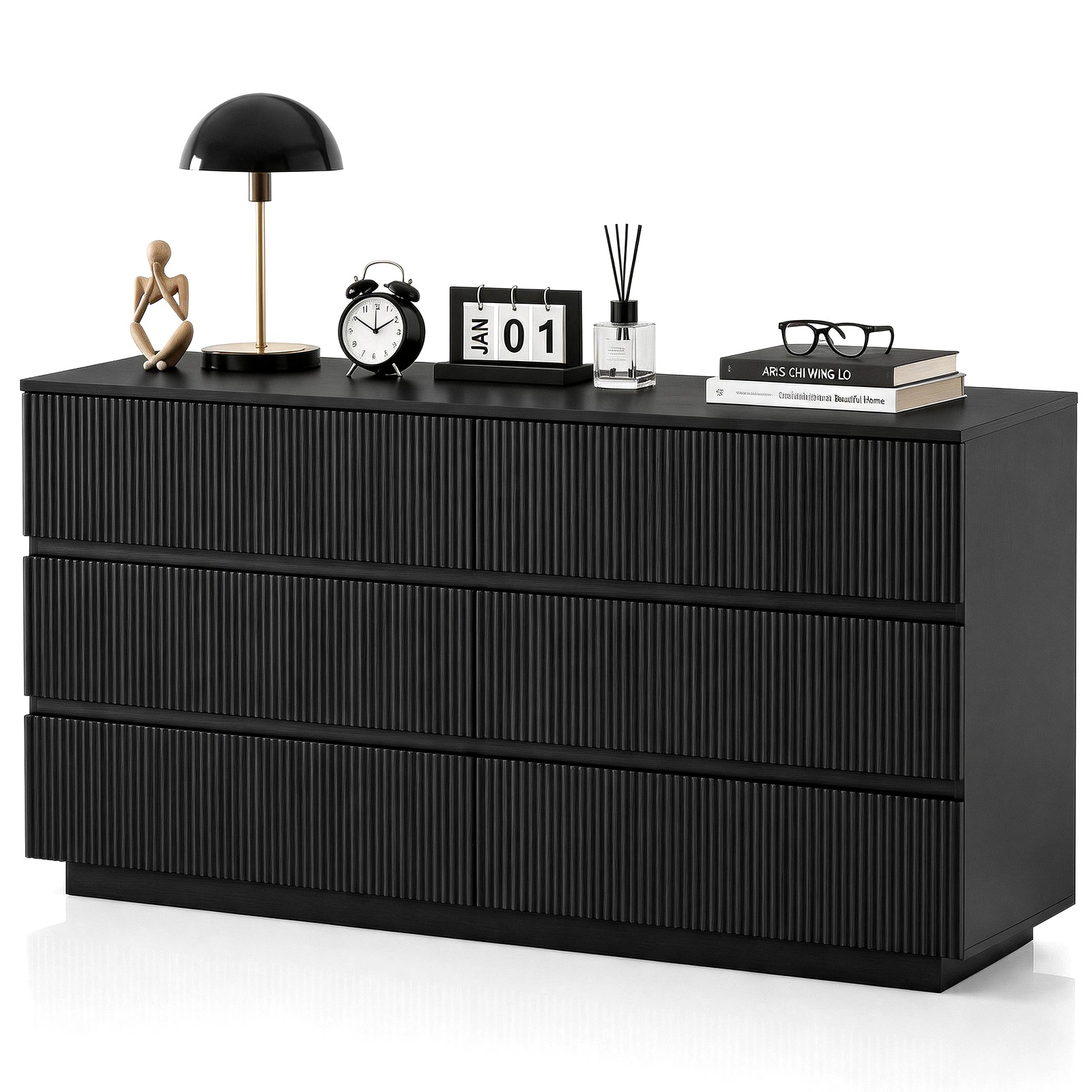 Handleless 6-Drawer Dresser Grille Finish P2 Particleboard MDF Melamine Veneer Vacuum-Formed Bedside Table 55.12x15.75x27.95in Black view 4