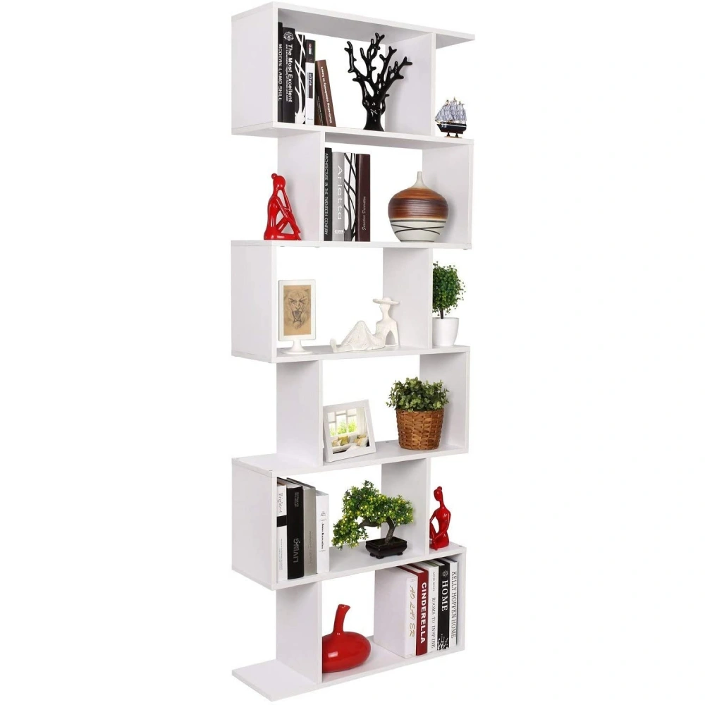 6 Shelf Bookcase, Modern S-Shaped Z-Shelf Style Bookshelf, Multifunctional Wooden Storage Display Stand Shelf for Living Room, Home Office, Bedroom, Bookcase Storage Shelf