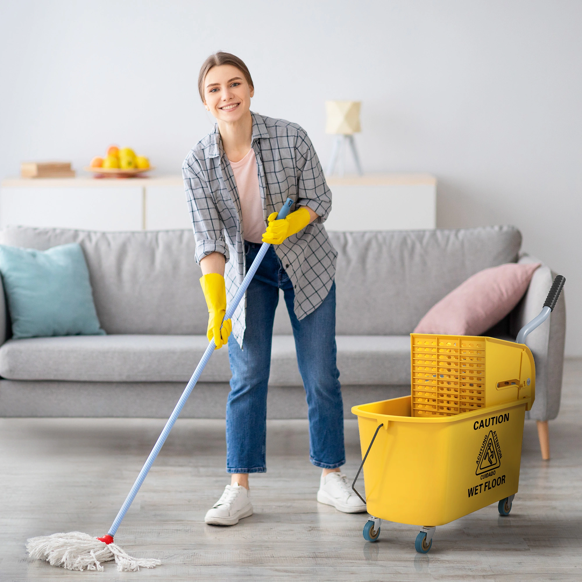 Commercial Mop Water Bucket Wringer Cart, Heavy Duty Spin Mop Holder, Stainless Steel, 360° Rotation, Gray