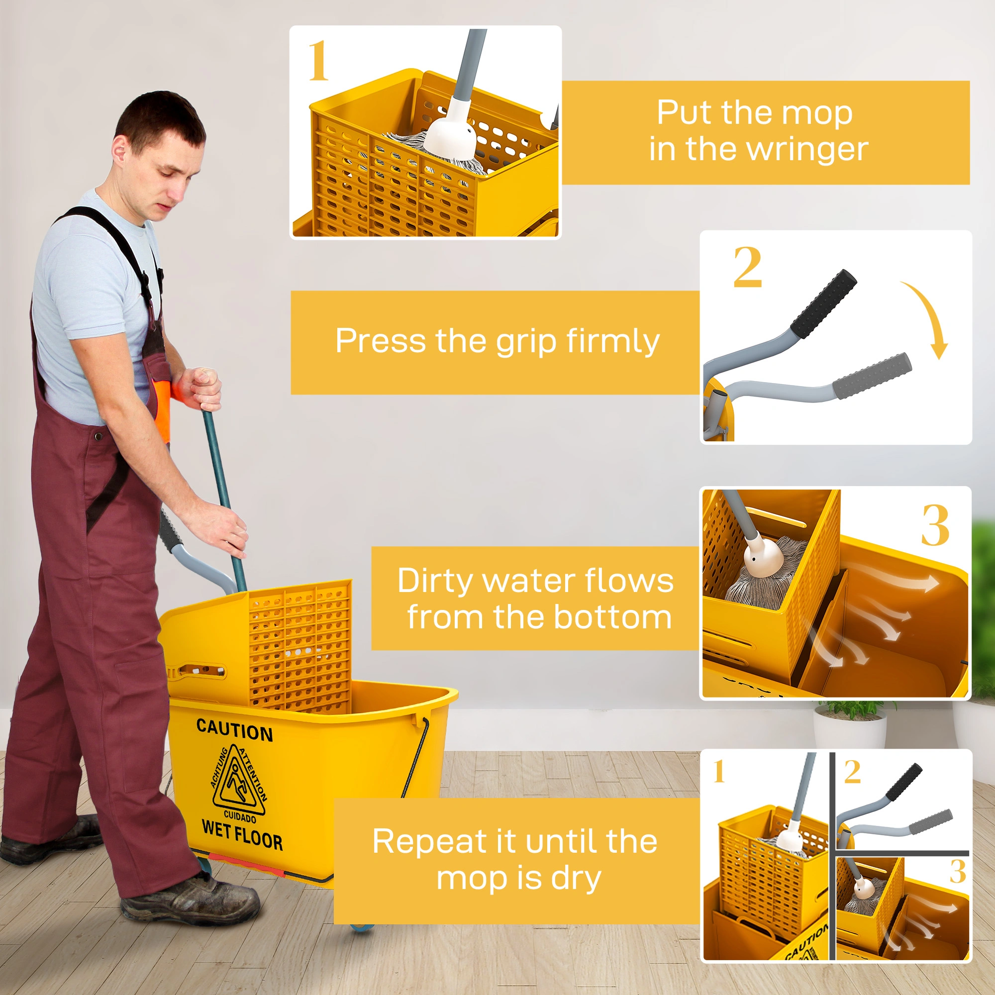 Commercial Mop Water Bucket Wringer Cart, Heavy Duty Spin Mop Holder, Stainless Steel, 360° Rotation, Gray view 2