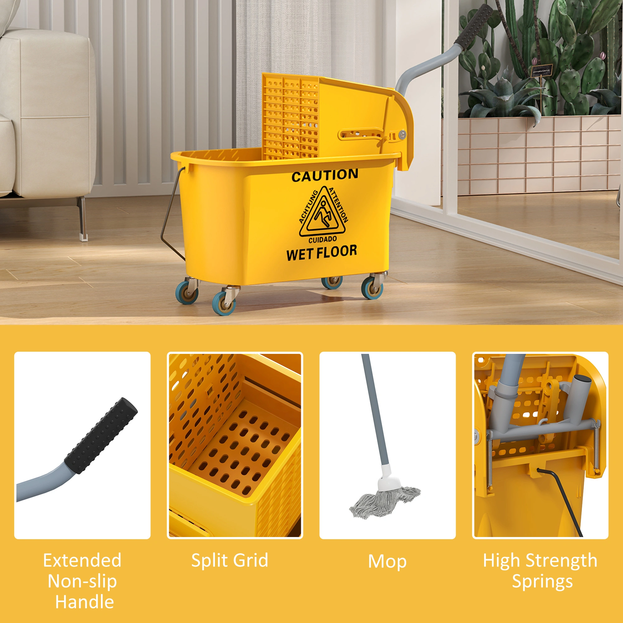 Commercial Mop Water Bucket Wringer Cart, Heavy Duty Spin Mop Holder, Stainless Steel, 360° Rotation, Gray view 4