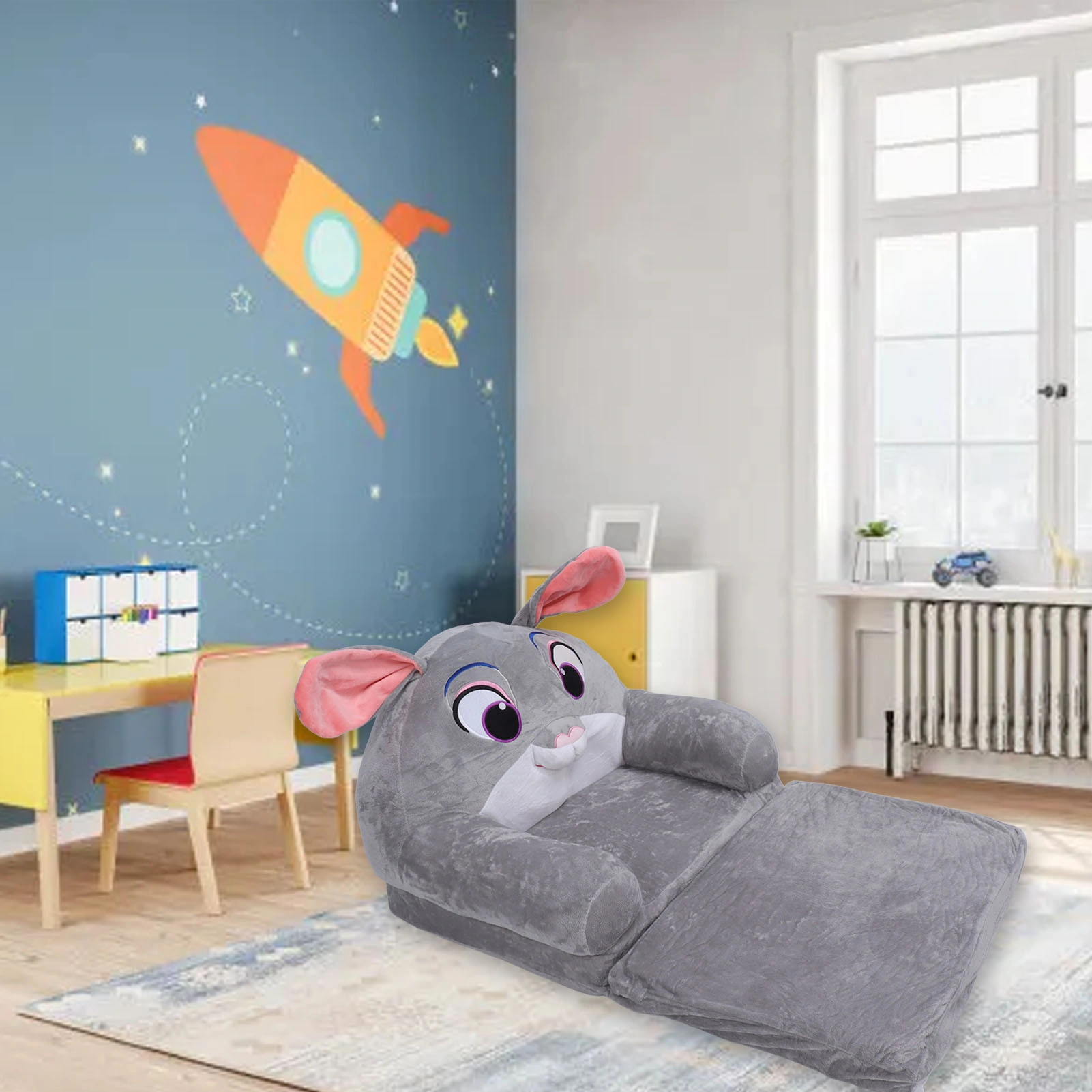 Cute Cartoon Foldable Kids Sofa Bed, 2-Layer Soft Children's Folding Couch with Armrests, Rabbit Design Children Chair for Bedroom Playroom