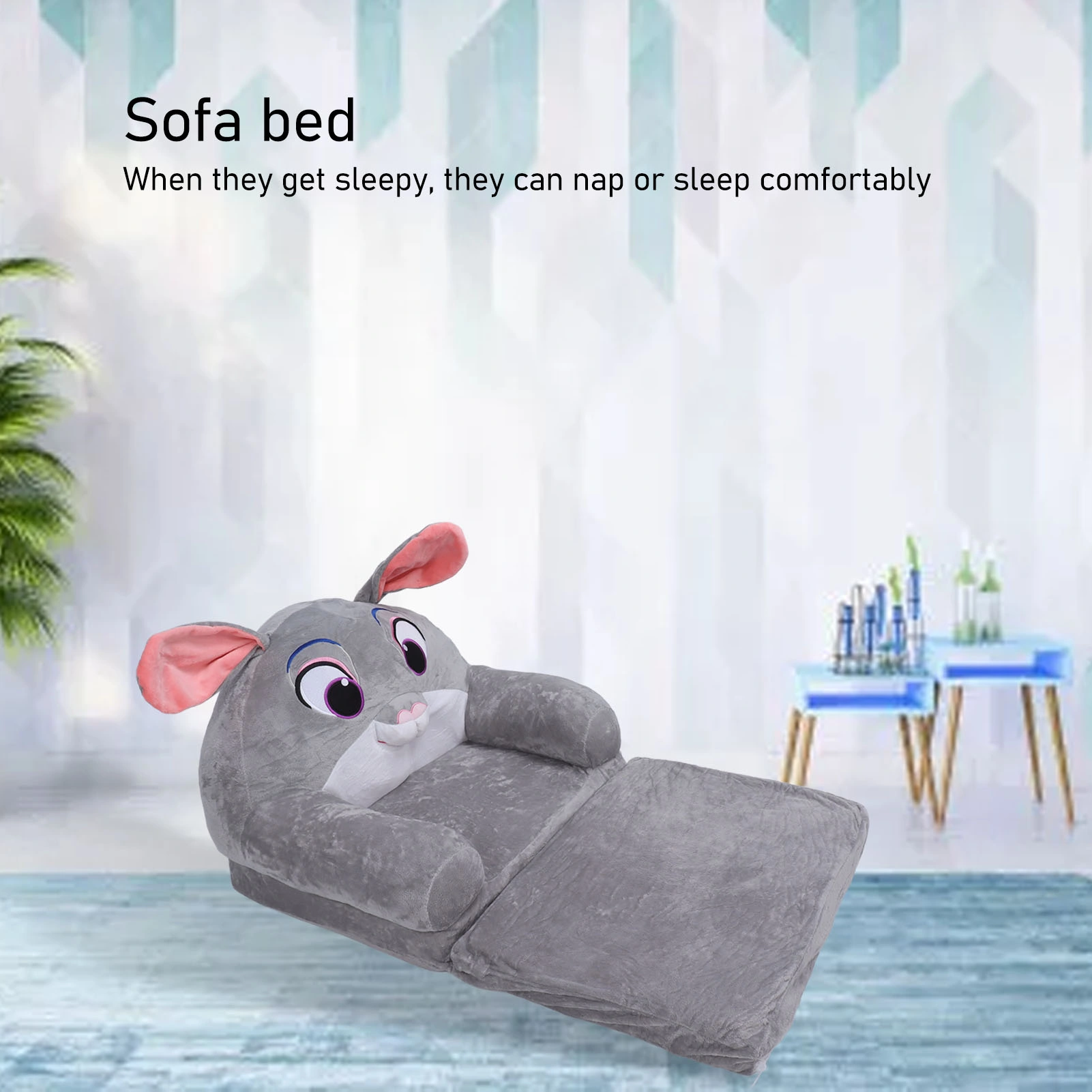 Cute Cartoon Foldable Kids Sofa Bed, 2-Layer Soft Children's Folding Couch with Armrests, Rabbit Design Children Chair for Bedroom Playroom view 2