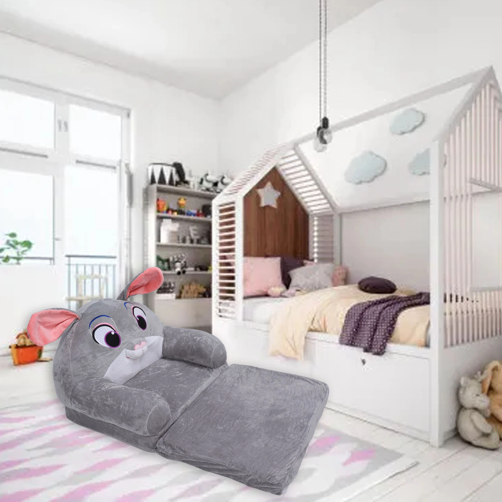 Cute Cartoon Foldable Kids Sofa Bed, 2-Layer Soft Children's Folding Couch with Armrests, Rabbit Design Children Chair for Bedroom Playroom view 5