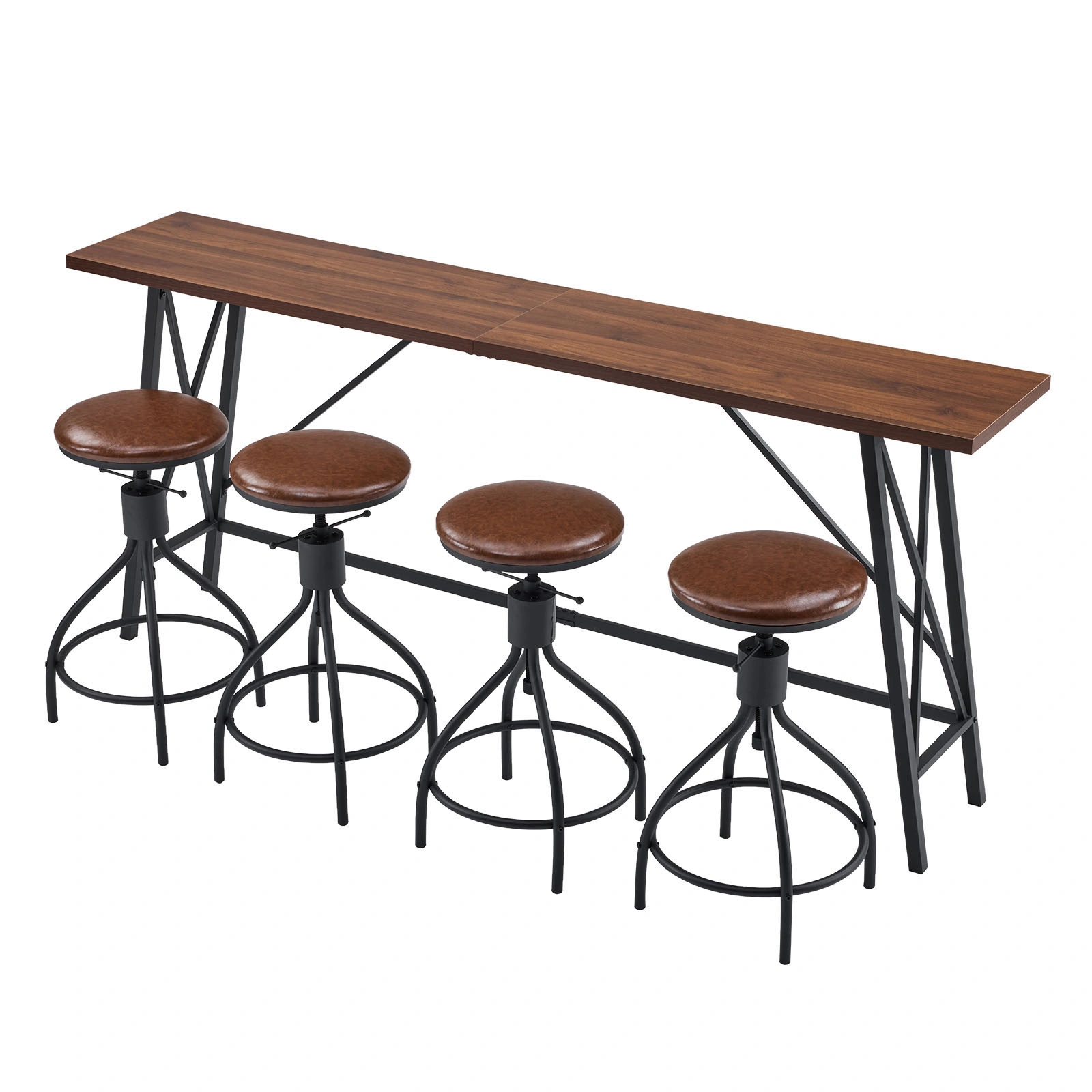 Industrial 5-Piece Bar Table and Swivel Stool Set 1 Table 4 Chairs 83.8 Inch Brown 3cm Fake Thick Wood Top Truncated Edge Black Metal Frame PU Adjustable Height Bar Stools Pub Dining Furniture for Home Bar Office