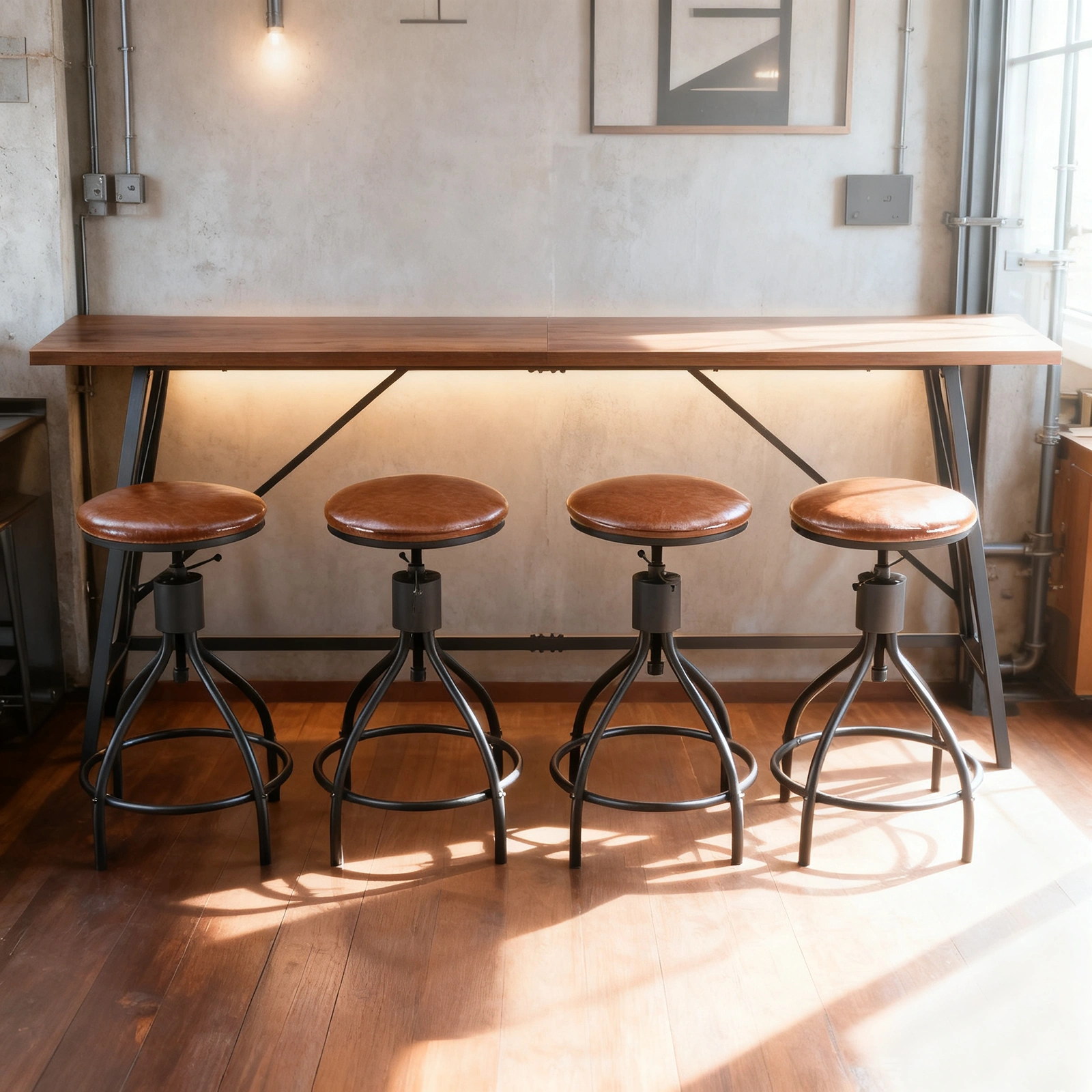 Industrial 5-Piece Bar Table and Swivel Stool Set 1 Table 4 Chairs 83.8 Inch Brown 3cm Fake Thick Wood Top Truncated Edge Black Metal Frame PU Adjustable Height Bar Stools Pub Dining Furniture for Home Bar Office view 10