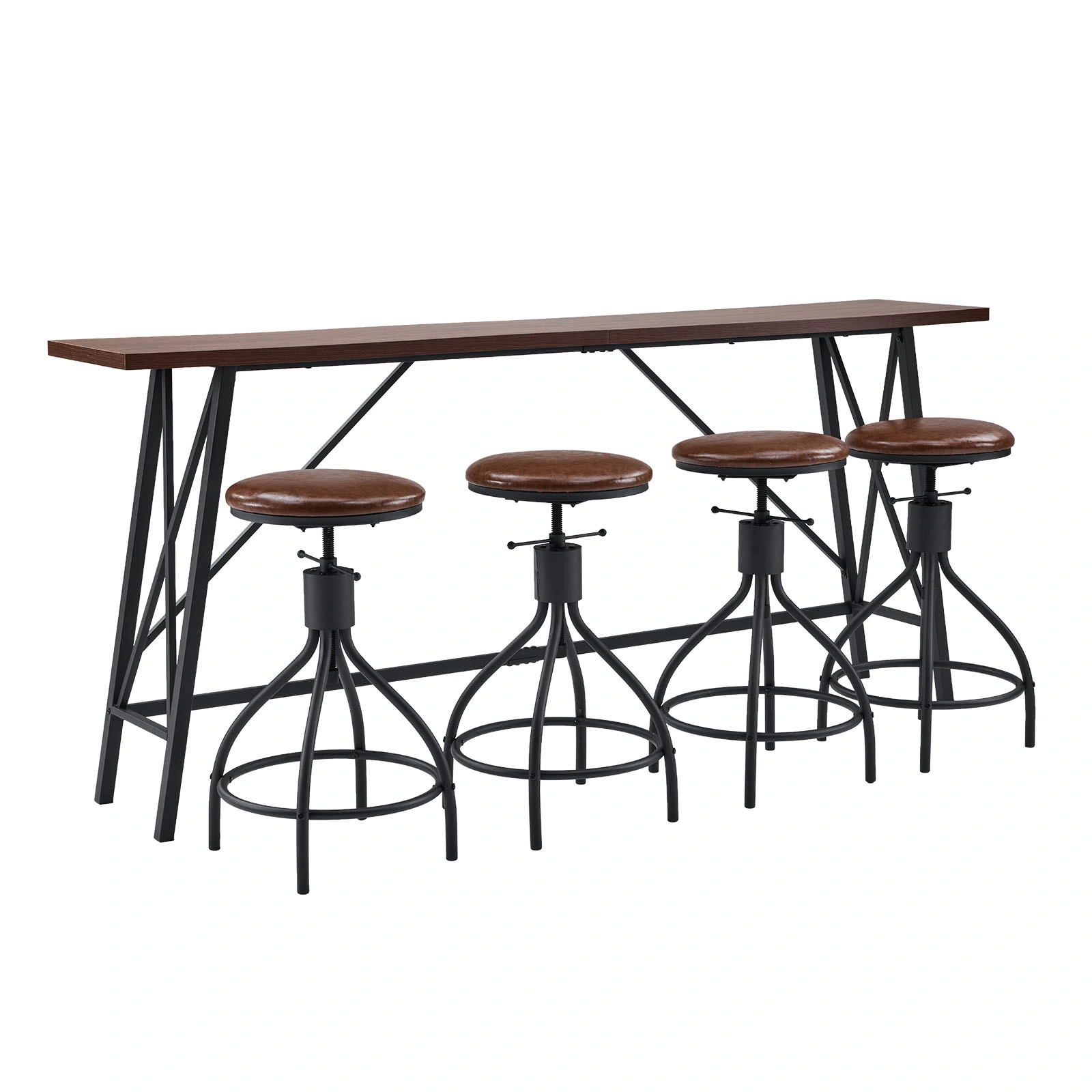 Industrial 5-Piece Bar Table and Swivel Stool Set 1 Table 4 Chairs 83.8 Inch Brown 3cm Fake Thick Wood Top Truncated Edge Black Metal Frame PU Adjustable Height Bar Stools Pub Dining Furniture for Home Bar Office view 4