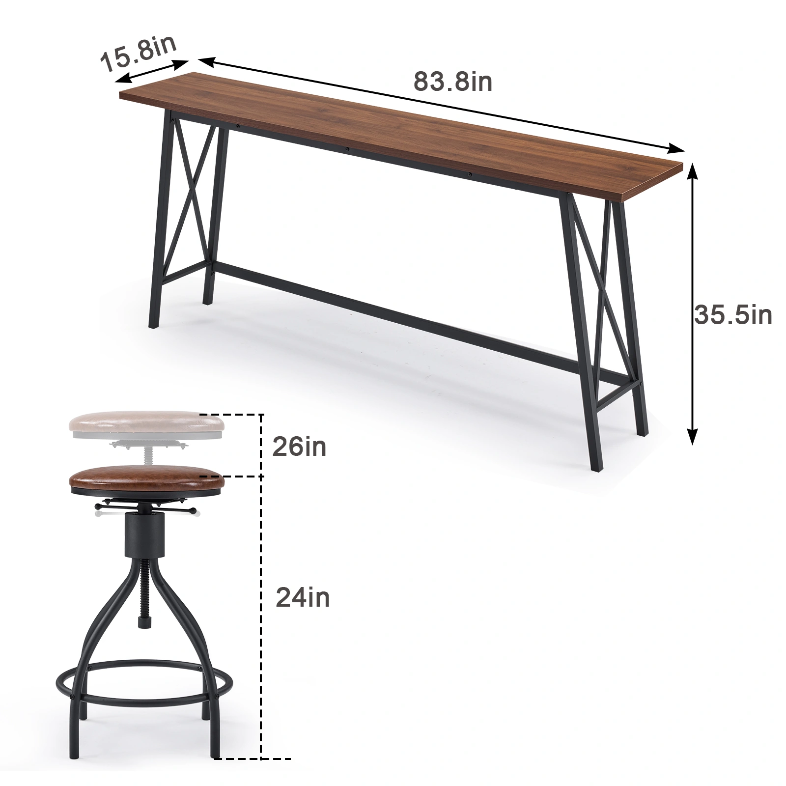 Industrial 5-Piece Bar Table and Swivel Stool Set 1 Table 4 Chairs 83.8 Inch Brown 3cm Fake Thick Wood Top Truncated Edge Black Metal Frame PU Adjustable Height Bar Stools Pub Dining Furniture for Home Bar Office view 8