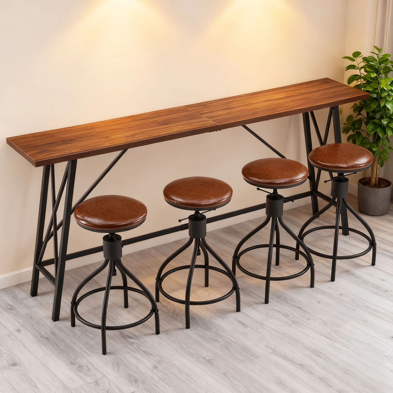 Industrial 5-Piece Bar Table and Swivel Stool Set 1 Table 4 Chairs 83.8 Inch Brown 3cm Fake Thick Wood Top Truncated Edge Black Metal Frame PU Adjustable Height Bar Stools Pub Dining Furniture for Home Bar Office view 9