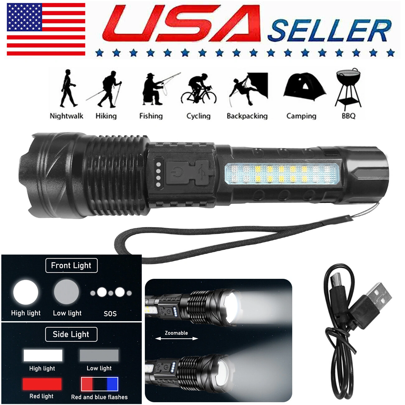 USB Rechargeable LED Flashlight Adjustable Focus Work Light for Camping Hiking Outdoor use