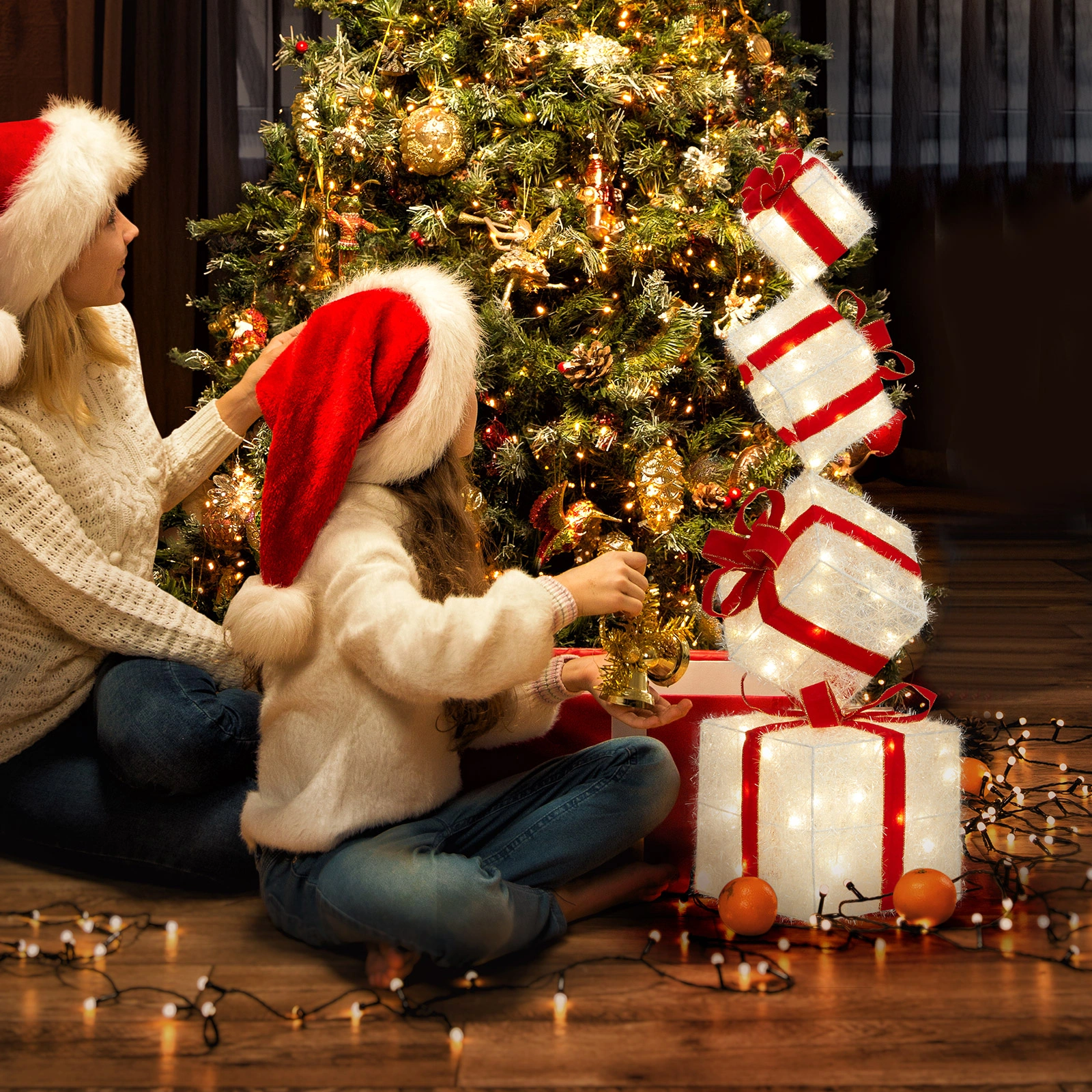 3FT Lighted Gift Box Tower, Pre-lit Stacked Present Boxes Ornament with 80 LED Warm White Lights and Stakes for Christmas Outdoor Indoor Decorations Lighted Holiday Displays view 10