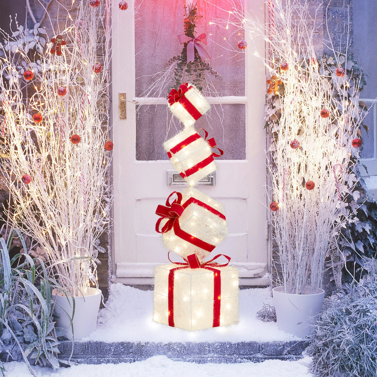 3FT Lighted Gift Box Tower, Pre-lit Stacked Present Boxes Ornament with 80 LED Warm White Lights and Stakes for Christmas Outdoor Indoor Decorations Lighted Holiday Displays view 11