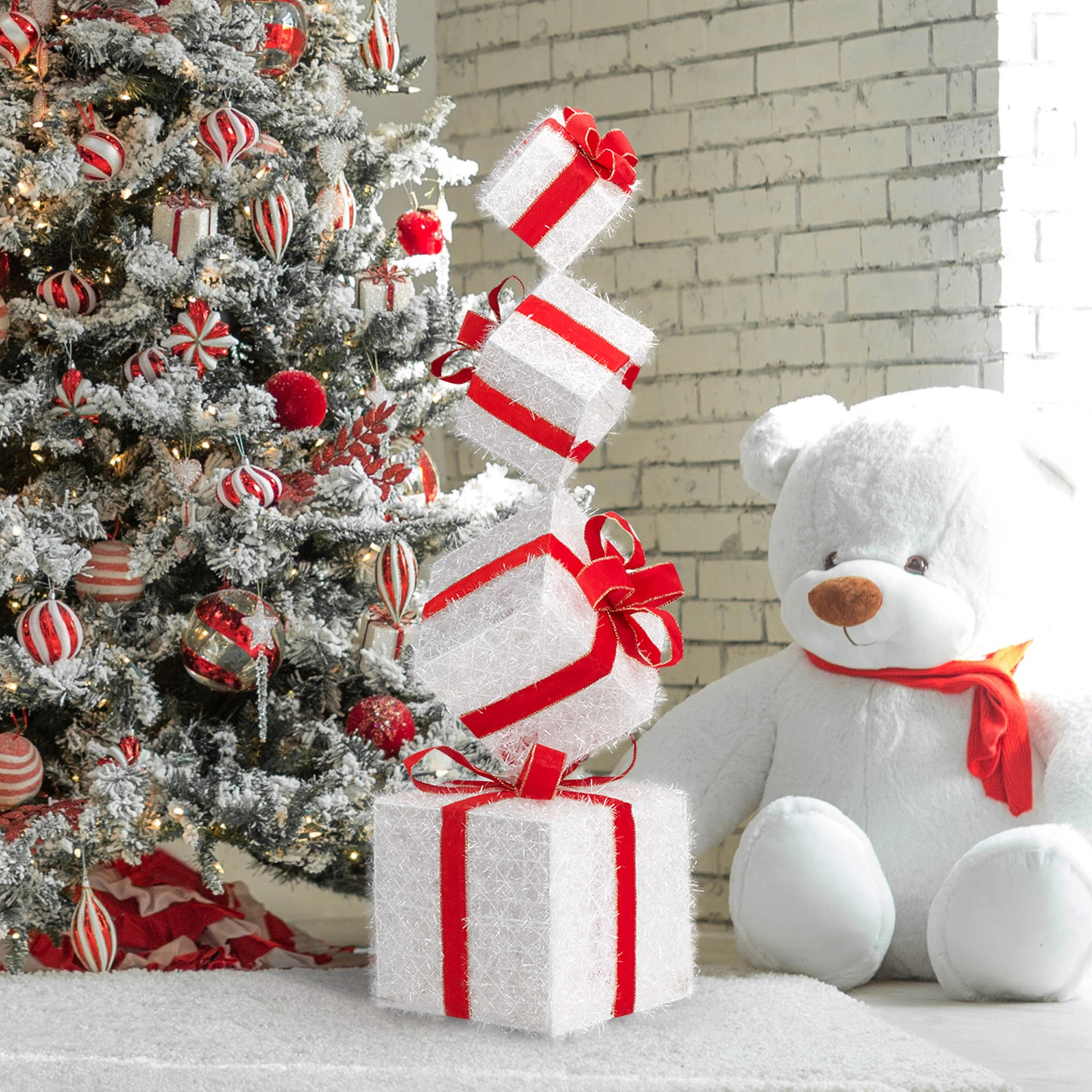 3FT Lighted Gift Box Tower, Pre-lit Stacked Present Boxes Ornament with 80 LED Warm White Lights and Stakes for Christmas Outdoor Indoor Decorations Lighted Holiday Displays view 12
