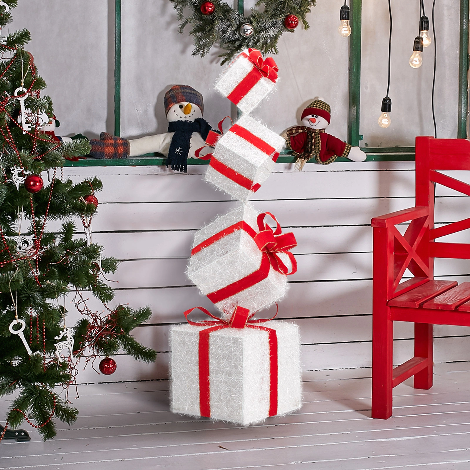 3FT Lighted Gift Box Tower, Pre-lit Stacked Present Boxes Ornament with 80 LED Warm White Lights and Stakes for Christmas Outdoor Indoor Decorations Lighted Holiday Displays view 13