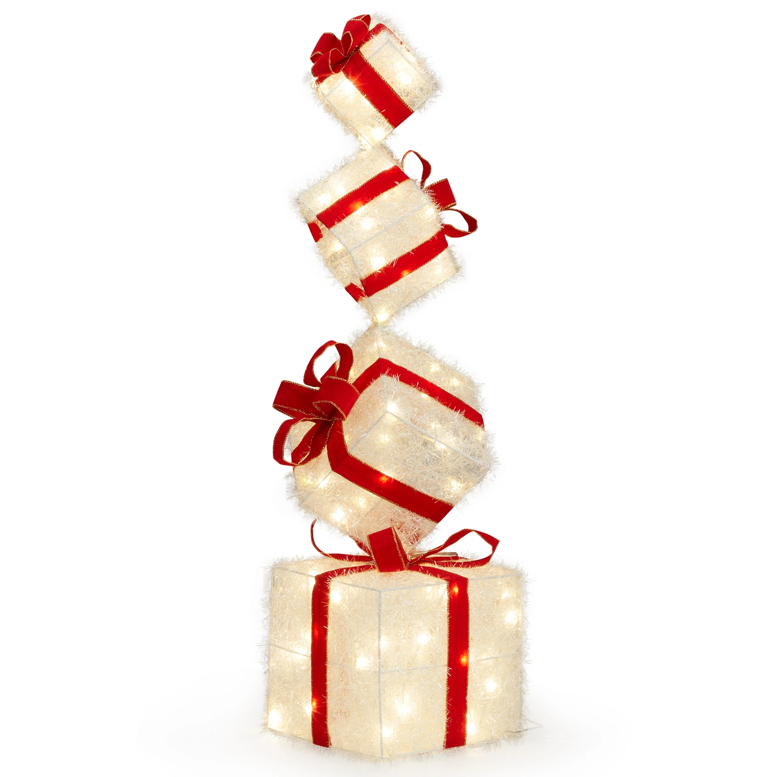 3FT Lighted Gift Box Tower, Pre-lit Stacked Present Boxes Ornament with 80 LED Warm White Lights and Stakes for Christmas Outdoor Indoor Decorations Lighted Holiday Displays view 2