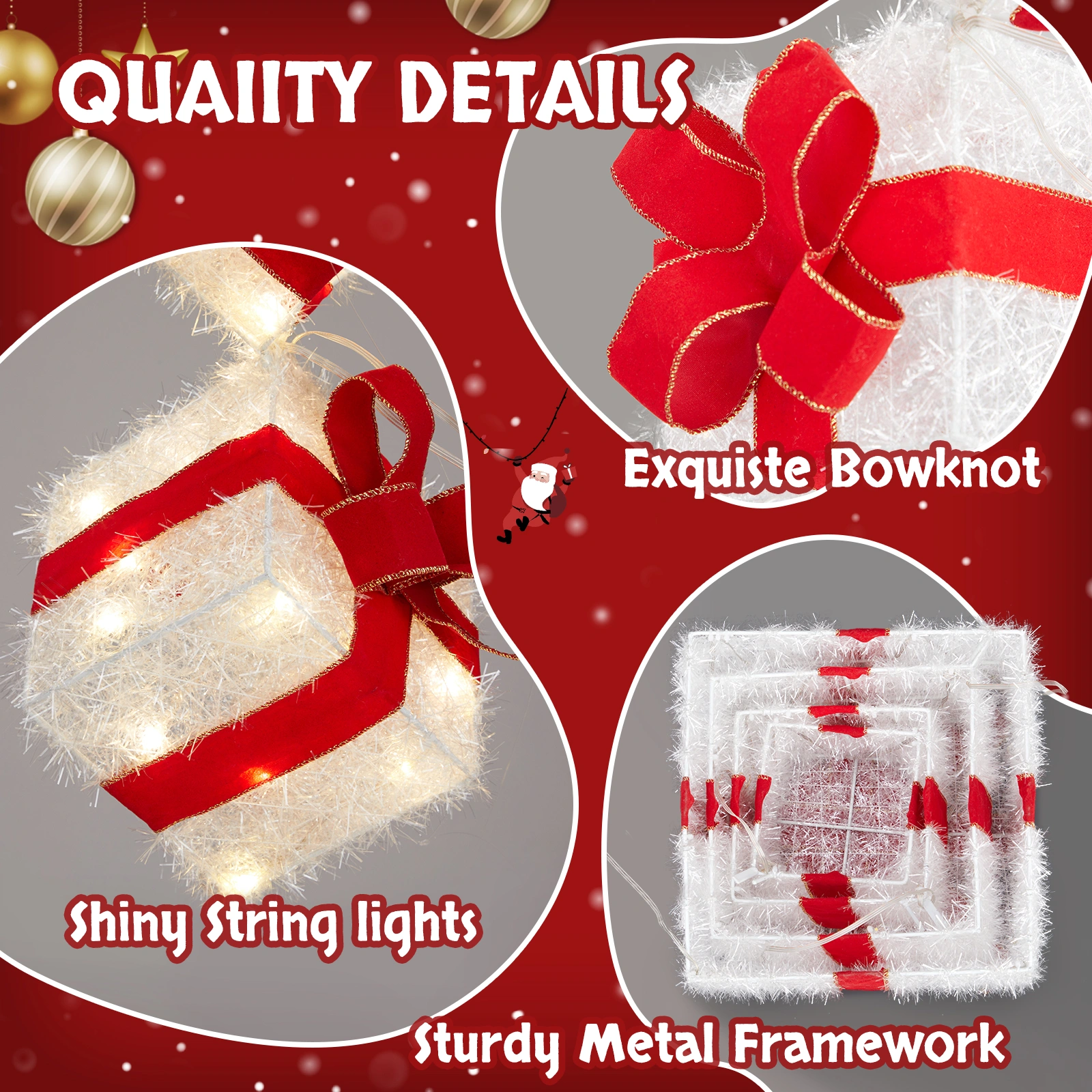 3FT Lighted Gift Box Tower, Pre-lit Stacked Present Boxes Ornament with 80 LED Warm White Lights and Stakes for Christmas Outdoor Indoor Decorations Lighted Holiday Displays view 3