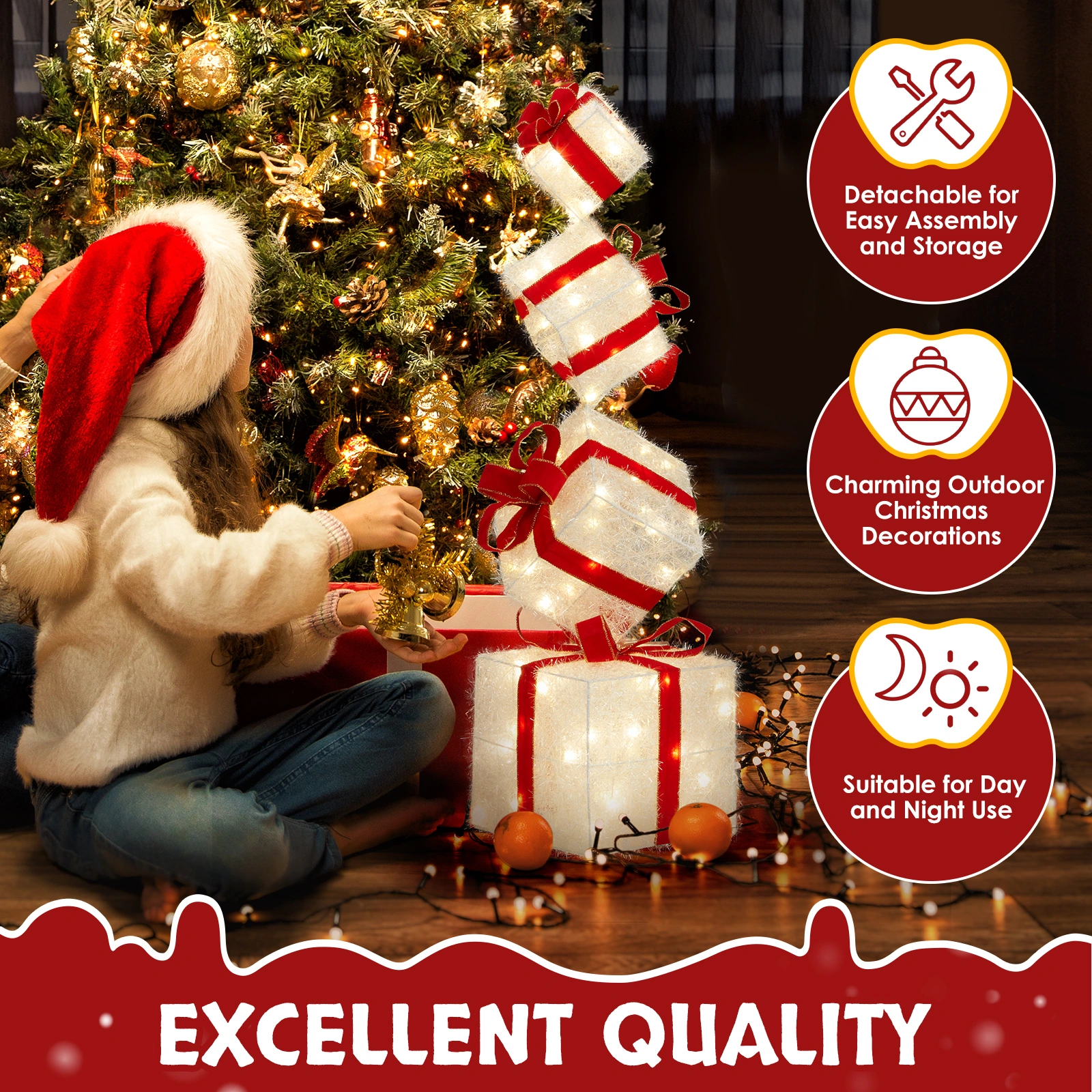 3FT Lighted Gift Box Tower, Pre-lit Stacked Present Boxes Ornament with 80 LED Warm White Lights and Stakes for Christmas Outdoor Indoor Decorations Lighted Holiday Displays view 4