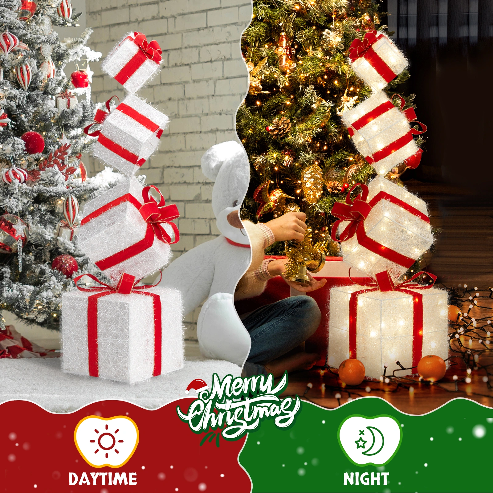3FT Lighted Gift Box Tower, Pre-lit Stacked Present Boxes Ornament with 80 LED Warm White Lights and Stakes for Christmas Outdoor Indoor Decorations Lighted Holiday Displays view 6