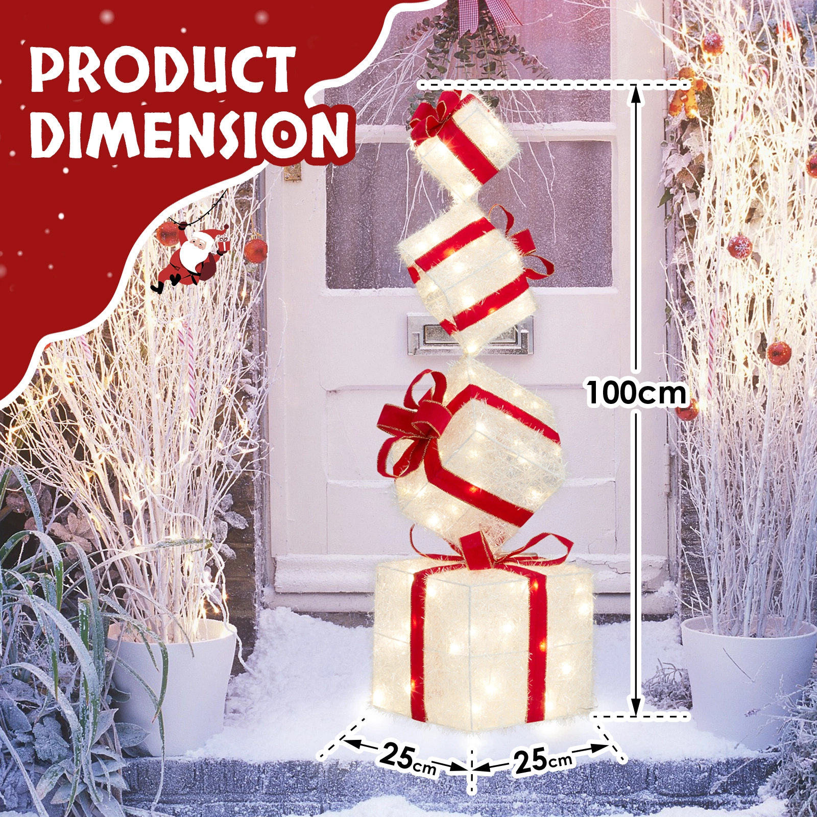 3FT Lighted Gift Box Tower, Pre-lit Stacked Present Boxes Ornament with 80 LED Warm White Lights and Stakes for Christmas Outdoor Indoor Decorations Lighted Holiday Displays view 7