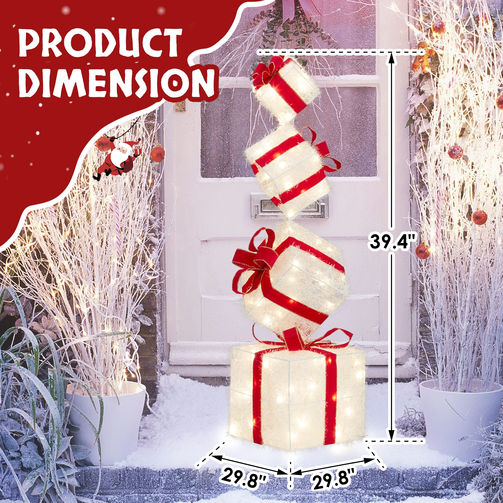 3FT Lighted Gift Box Tower, Pre-lit Stacked Present Boxes Ornament with 80 LED Warm White Lights and Stakes for Christmas Outdoor Indoor Decorations Lighted Holiday Displays view 8