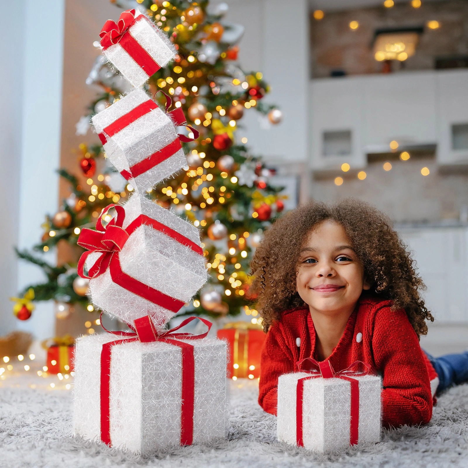 3FT Lighted Gift Box Tower, Pre-lit Stacked Present Boxes Ornament with 80 LED Warm White Lights and Stakes for Christmas Outdoor Indoor Decorations Lighted Holiday Displays view 9