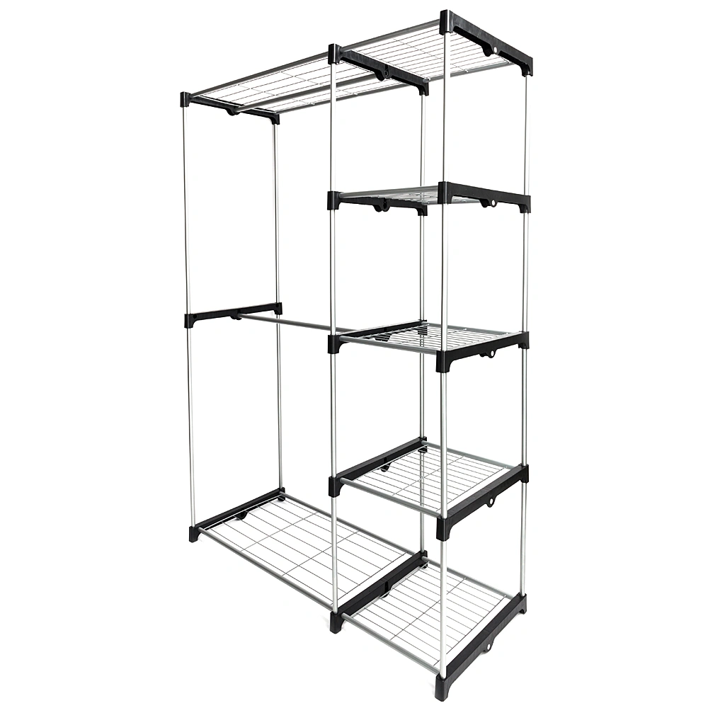 Portable 5-Tier Wardrobe Closet, Silver Metal Frame, No Cloth Cover