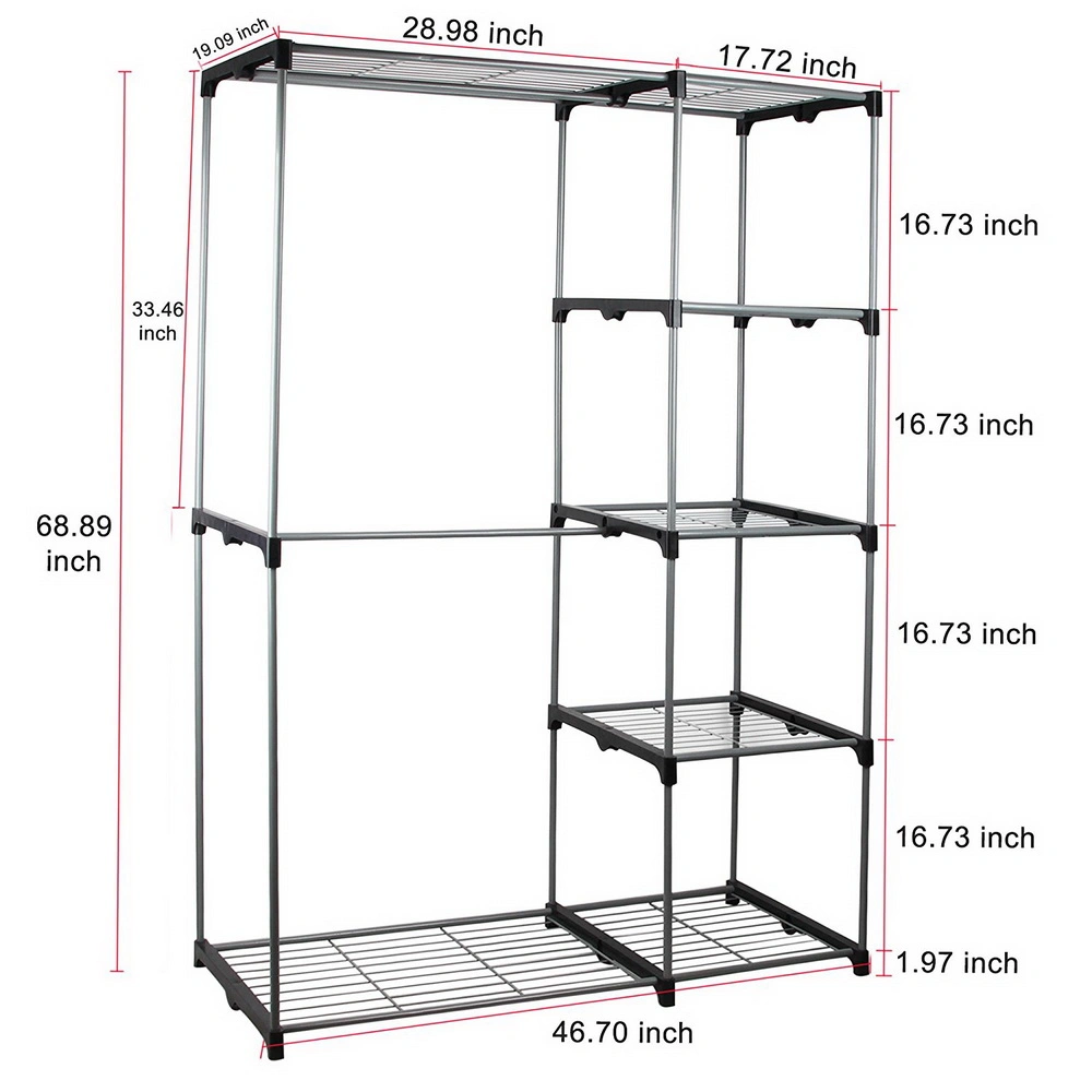 Portable 5-Tier Wardrobe Closet, Silver Metal Frame, No Cloth Cover view 2