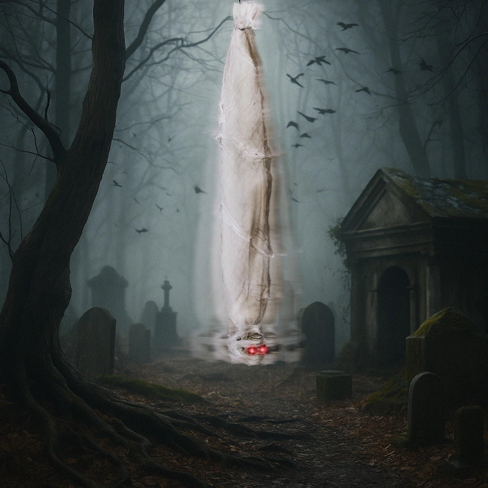 3ft Halloween Animated Hanging Cocoon Corpse Decoration, Motion Horror Scream Prop for Haunted House Indoor Outdoor view 10