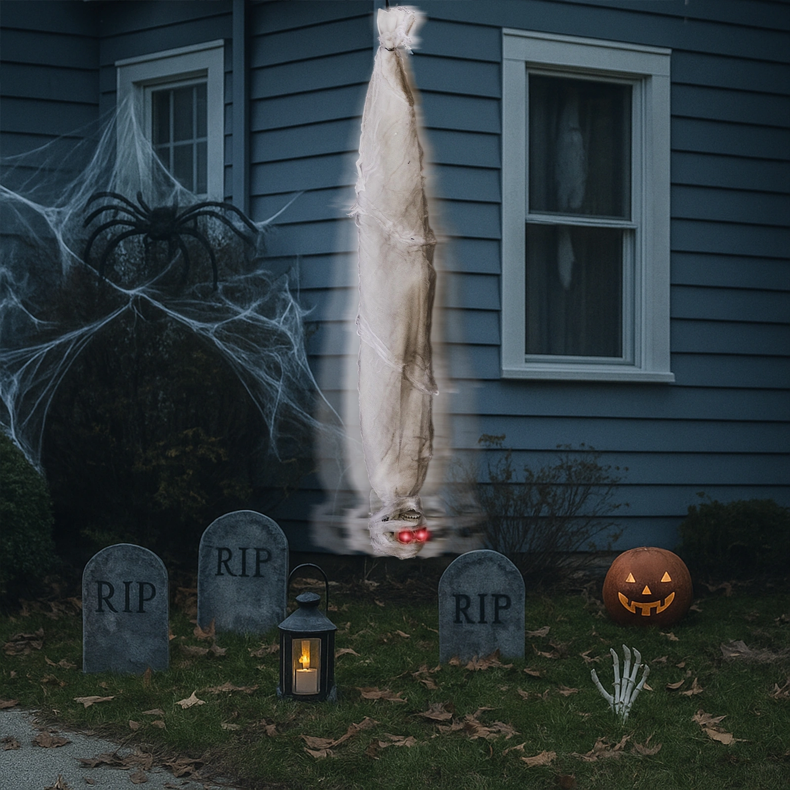 3ft Halloween Animated Hanging Cocoon Corpse Decoration, Motion Horror Scream Prop for Haunted House Indoor Outdoor view 11
