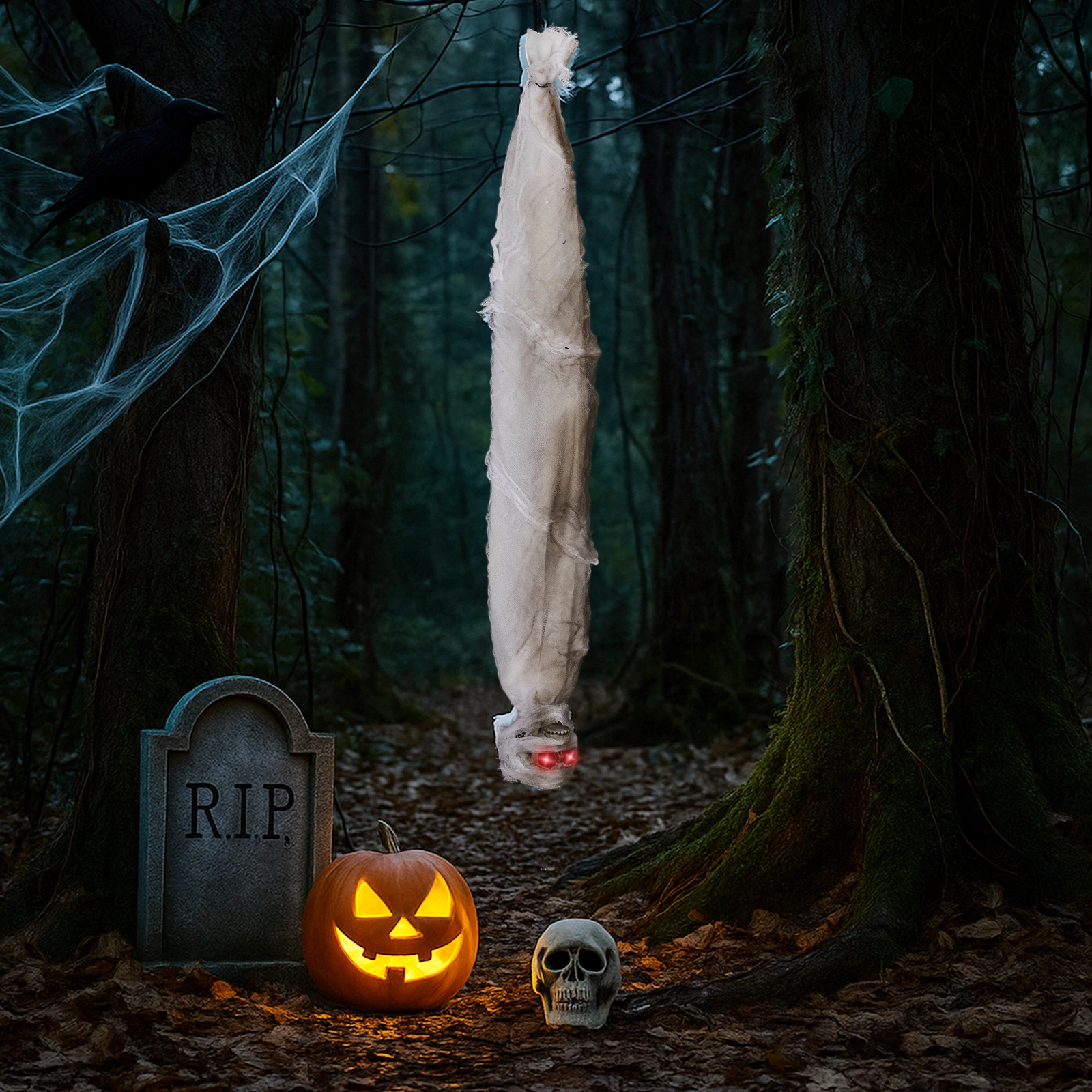 3ft Halloween Animated Hanging Cocoon Corpse Decoration, Motion Horror Scream Prop for Haunted House Indoor Outdoor view 9