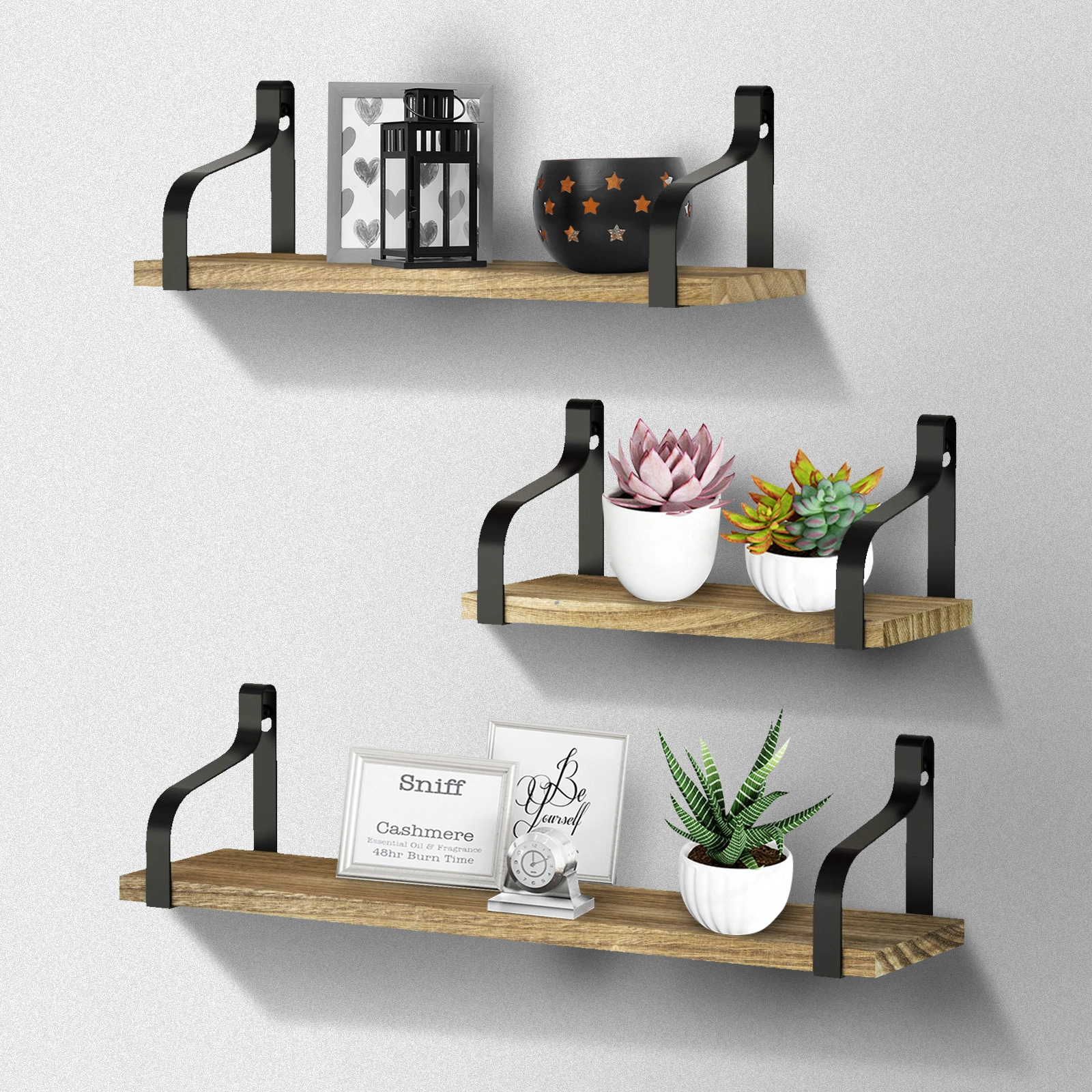 Set of 3 Floating Shelves - Wall Mounted Wood Storage Display Shelves for Bedroom, Living Room, Bathroom, Kitchen & Office