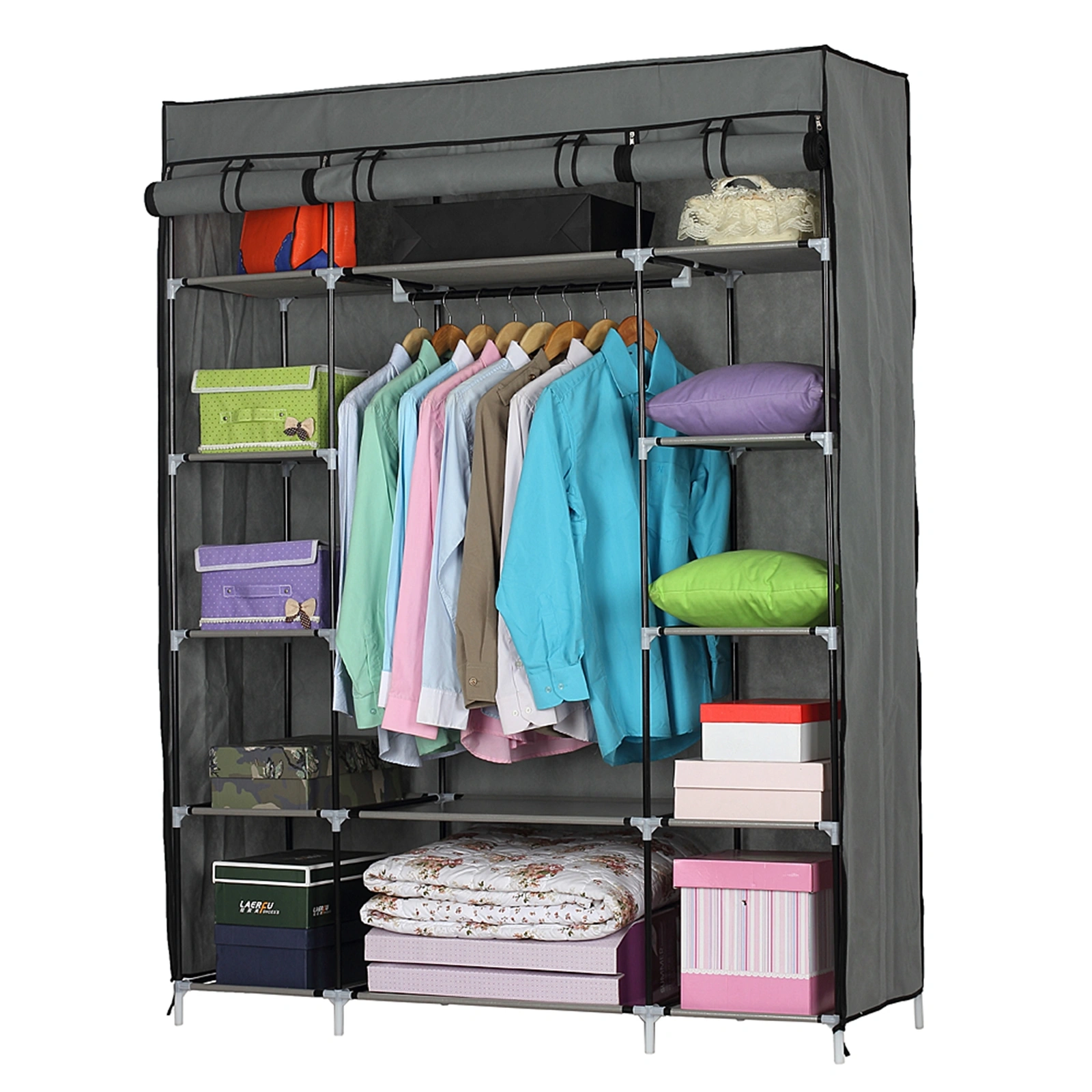 Portable 5-Layer 12-Compartment Non-Woven Fabric Wardrobe Closet, Gray 133x46x170cm