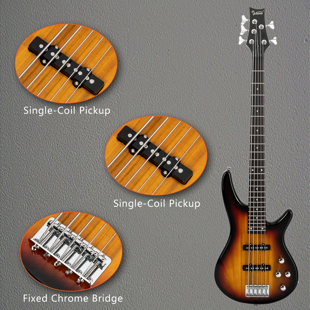 GIB 5 String Full Size Electric Bass Guitar SS Pickups and Amp Kit for The Experienced Player Sunset Color view 24