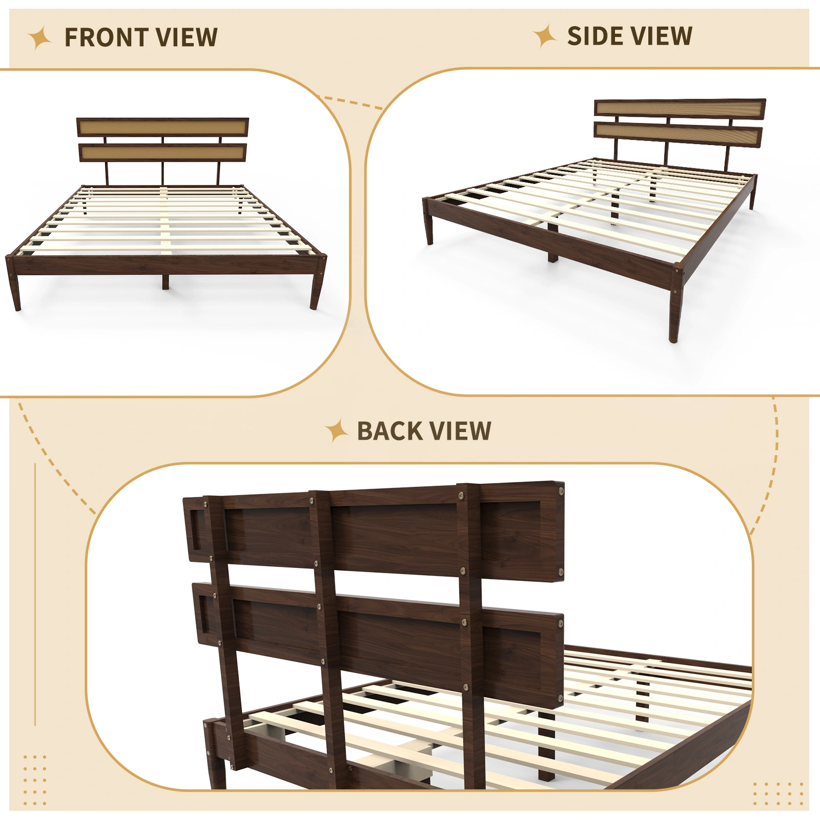 Bohemian King Size Bed with Dark Walnut Double Headboard, Painted Finish, Rattan & Pine Wood Accent view 10