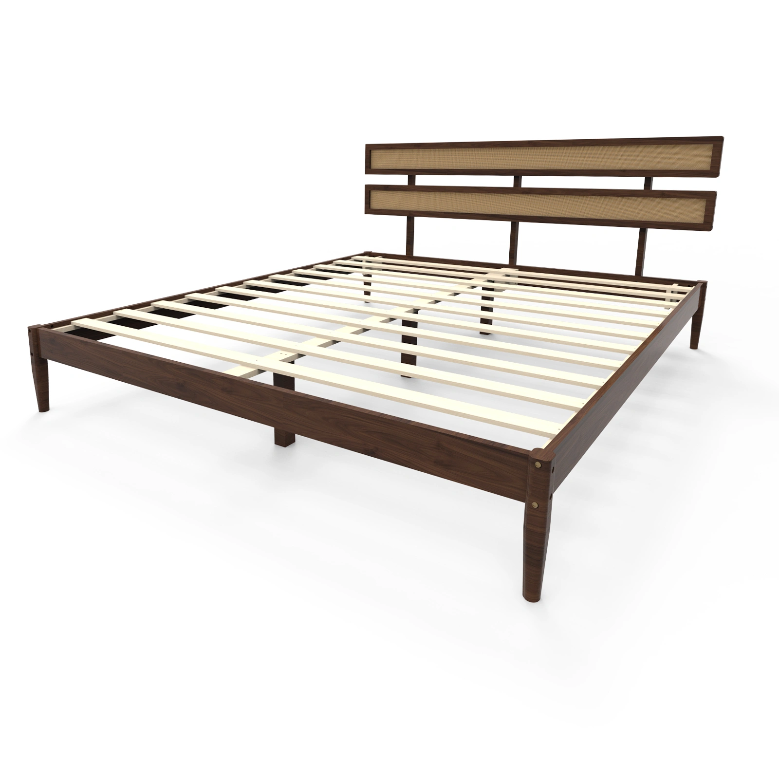 Bohemian King Size Bed with Dark Walnut Double Headboard, Painted Finish, Rattan & Pine Wood Accent view 13