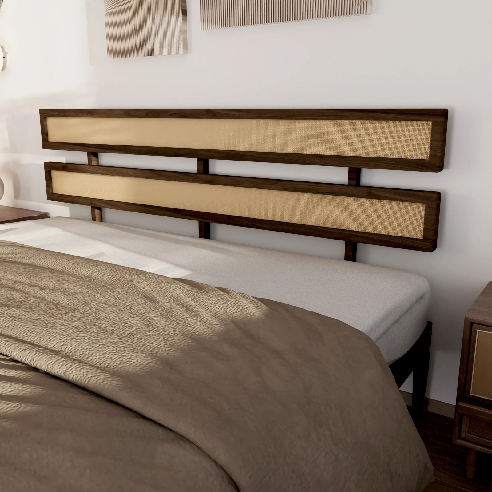 Bohemian King Size Bed with Dark Walnut Double Headboard, Painted Finish, Rattan & Pine Wood Accent view 3