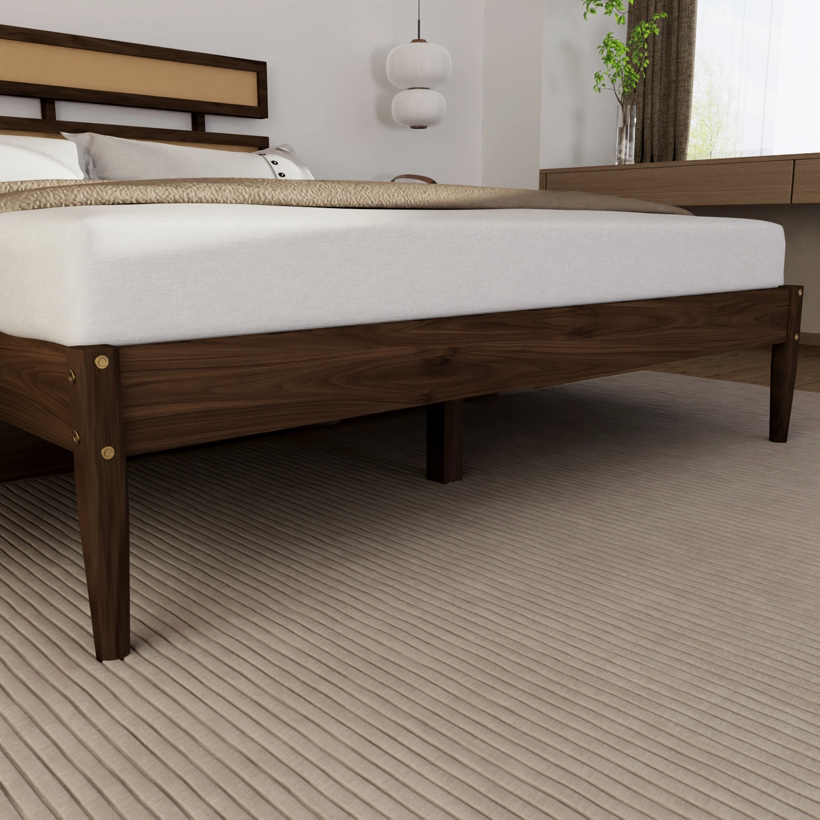 Bohemian King Size Bed with Dark Walnut Double Headboard, Painted Finish, Rattan & Pine Wood Accent view 4