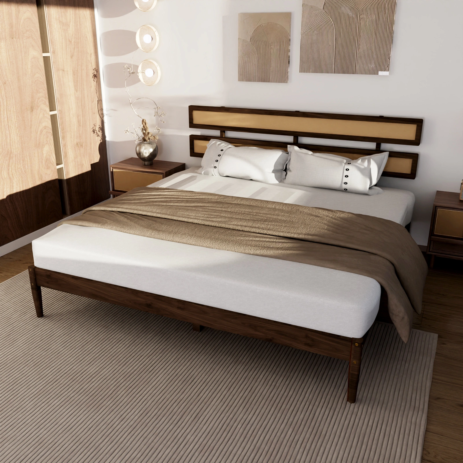 Bohemian King Size Bed with Dark Walnut Double Headboard, Painted Finish, Rattan & Pine Wood Accent view 5