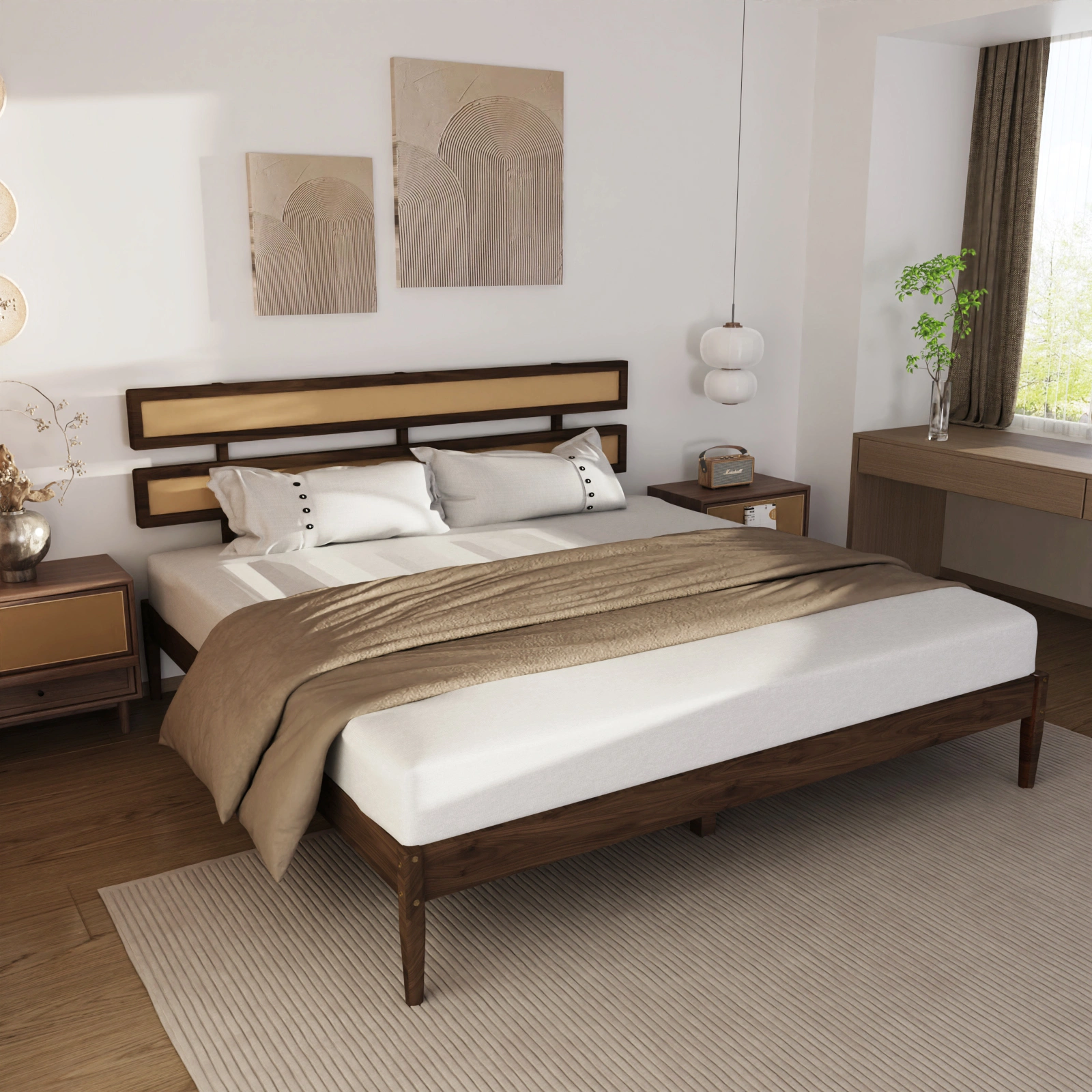 Bohemian King Size Bed with Dark Walnut Double Headboard, Painted Finish, Rattan & Pine Wood Accent view 6