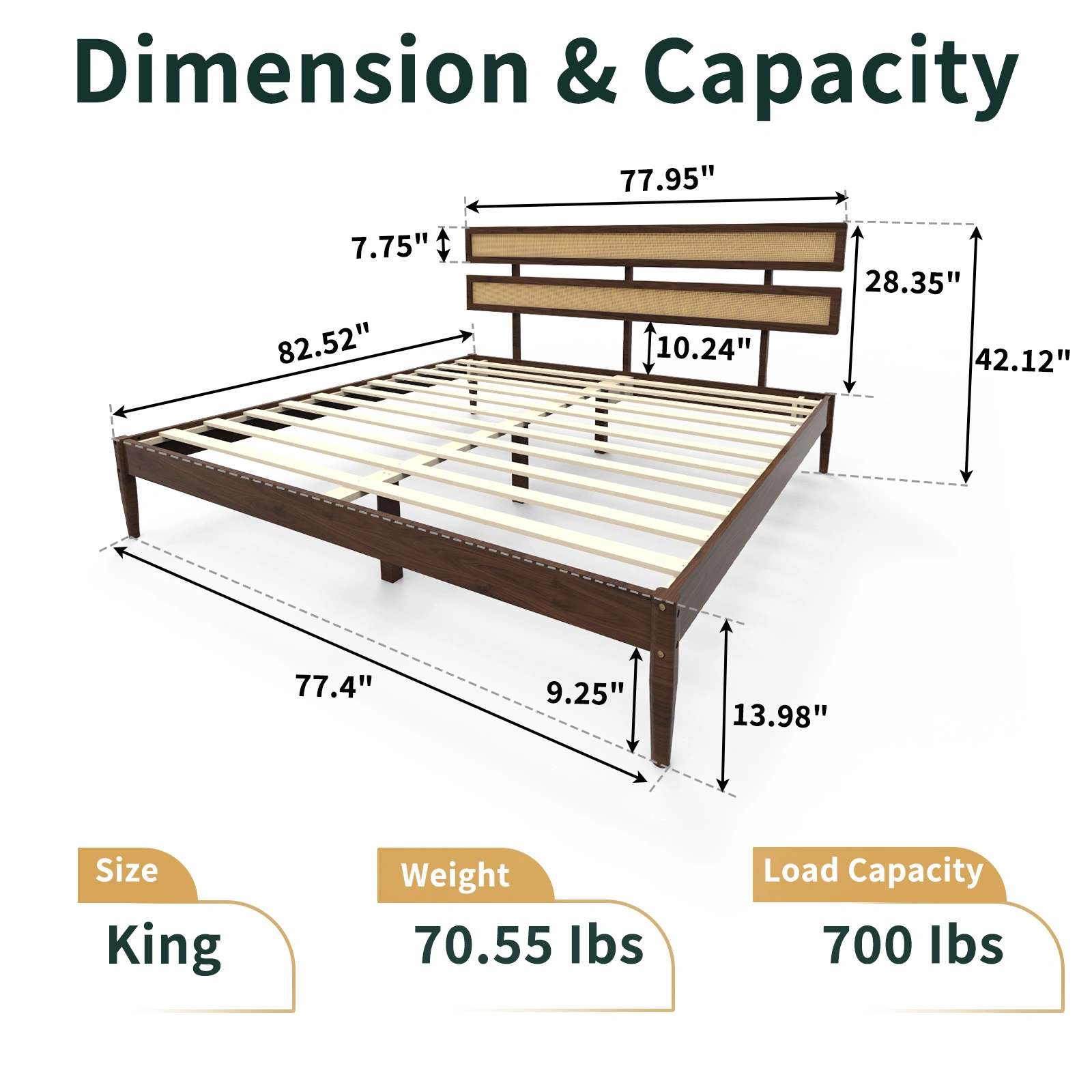 Bohemian King Size Bed with Dark Walnut Double Headboard, Painted Finish, Rattan & Pine Wood Accent view 7