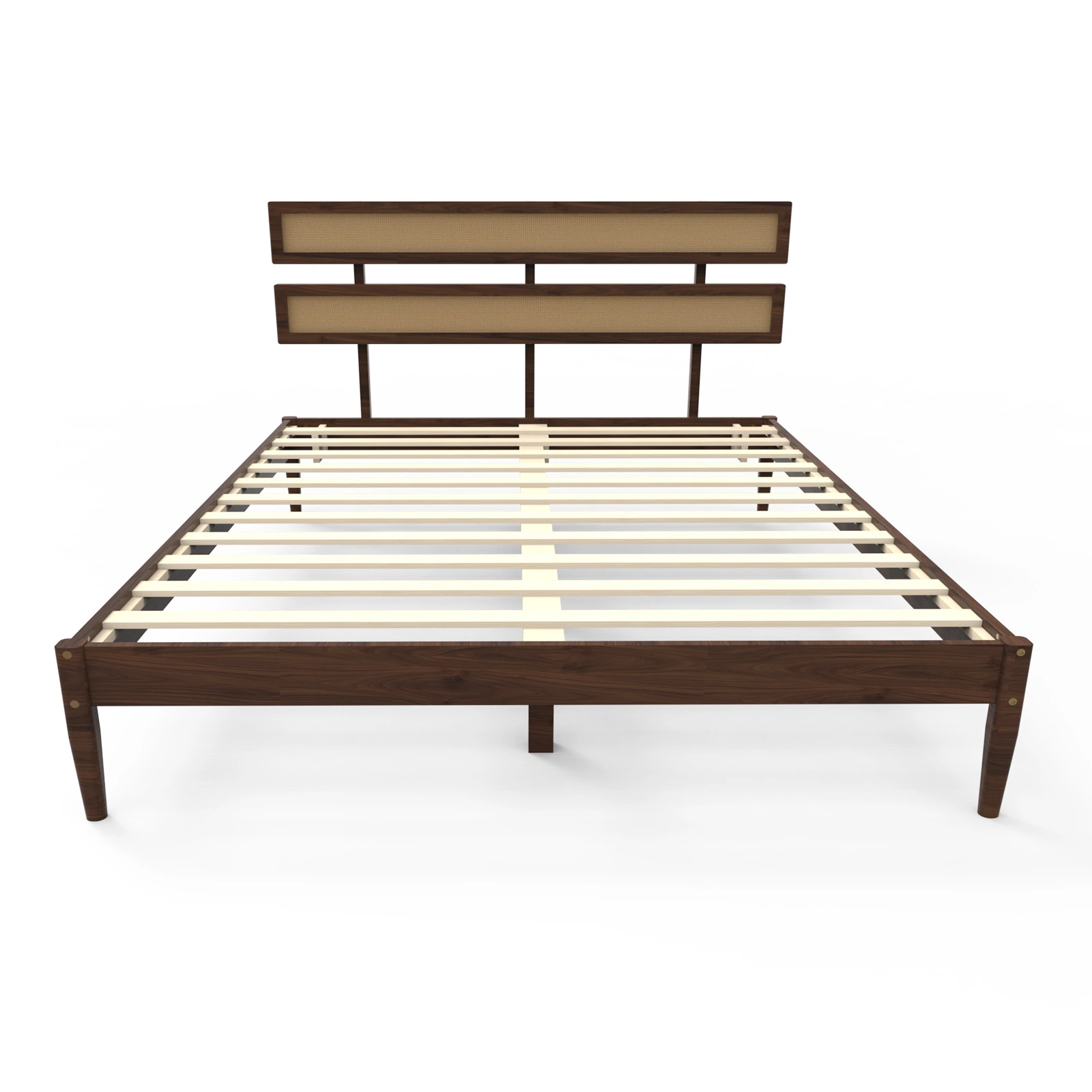 Bohemian King Size Bed with Dark Walnut Double Headboard, Painted Finish, Rattan & Pine Wood Accent view 9